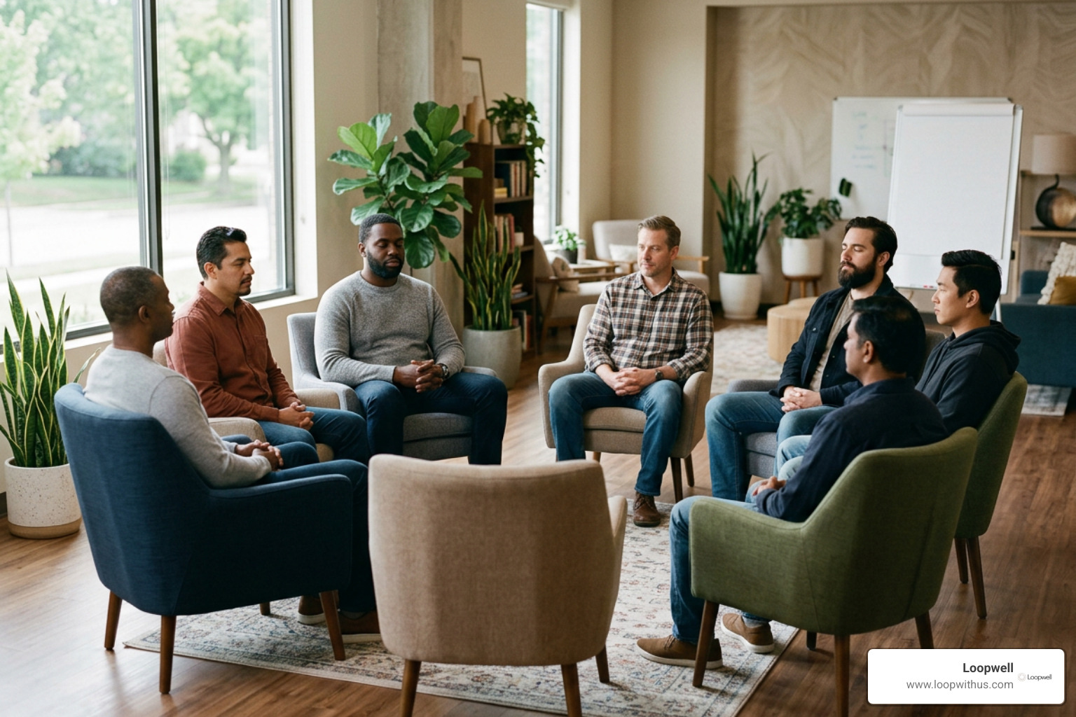 Men practicing mindfulness and group reflection