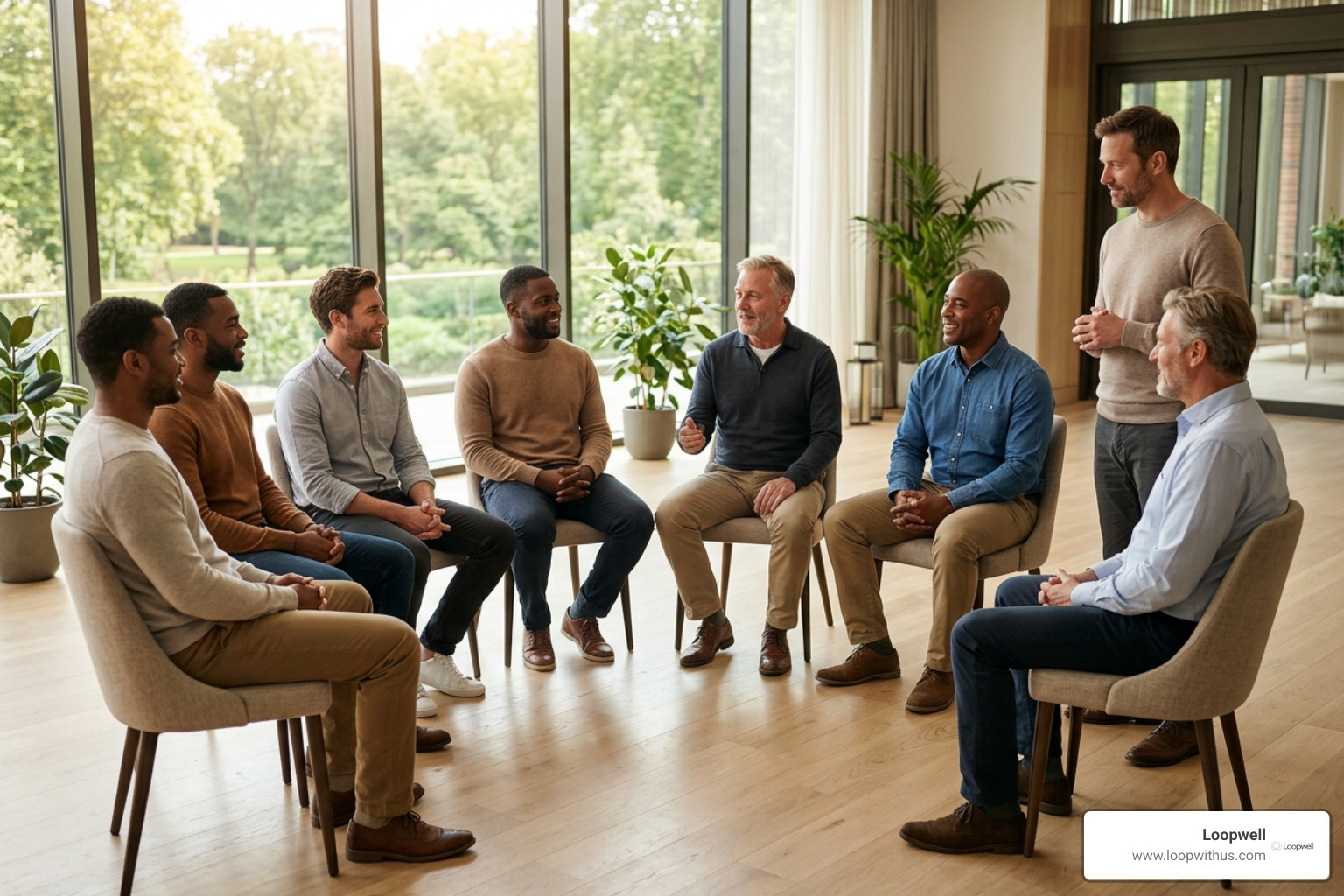 Men engaging in a supportive wellness group session