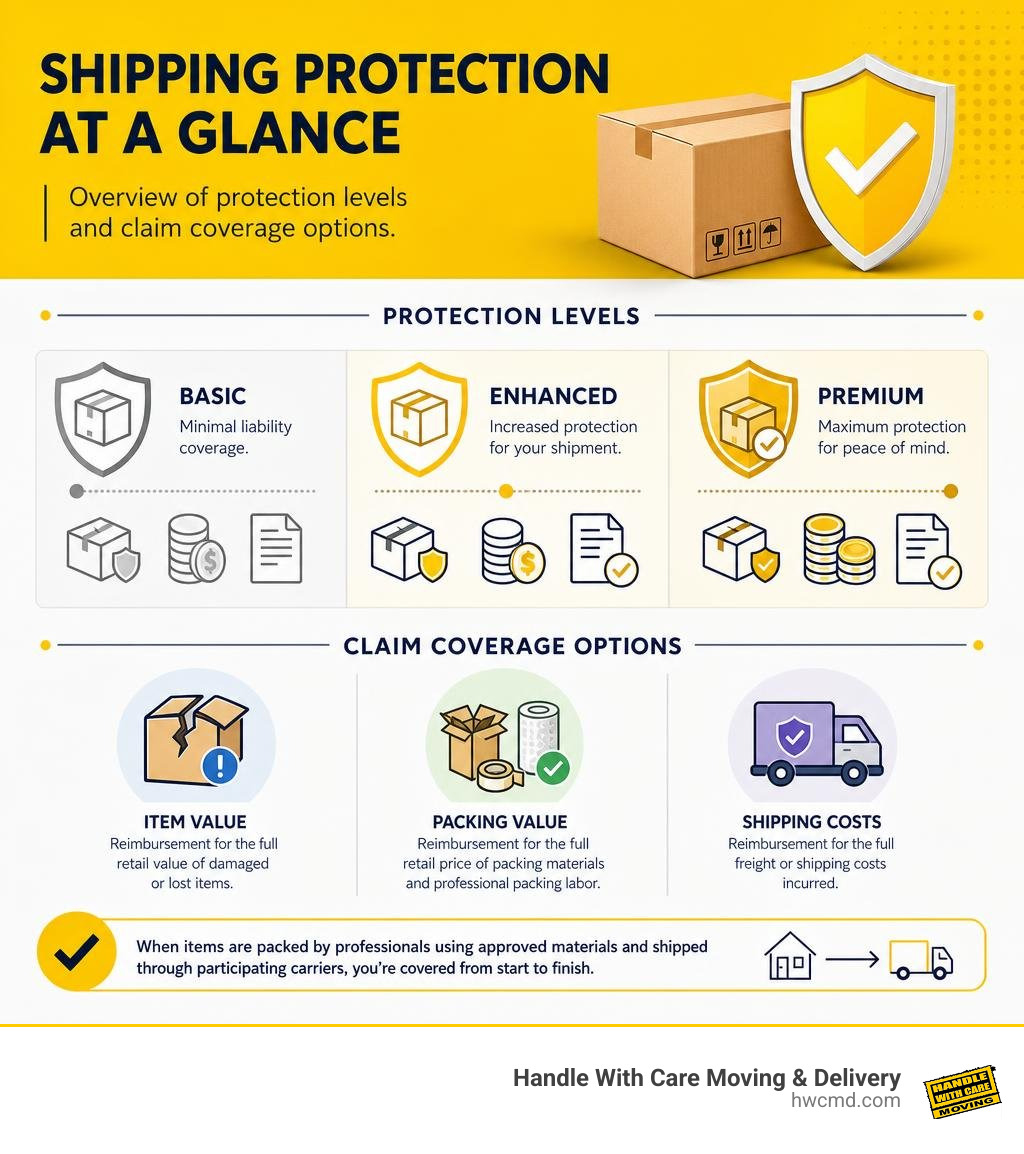 Overview of shipping protection levels and claim coverage options infographic Overview of shipping protection levels and claim coverage options infographic