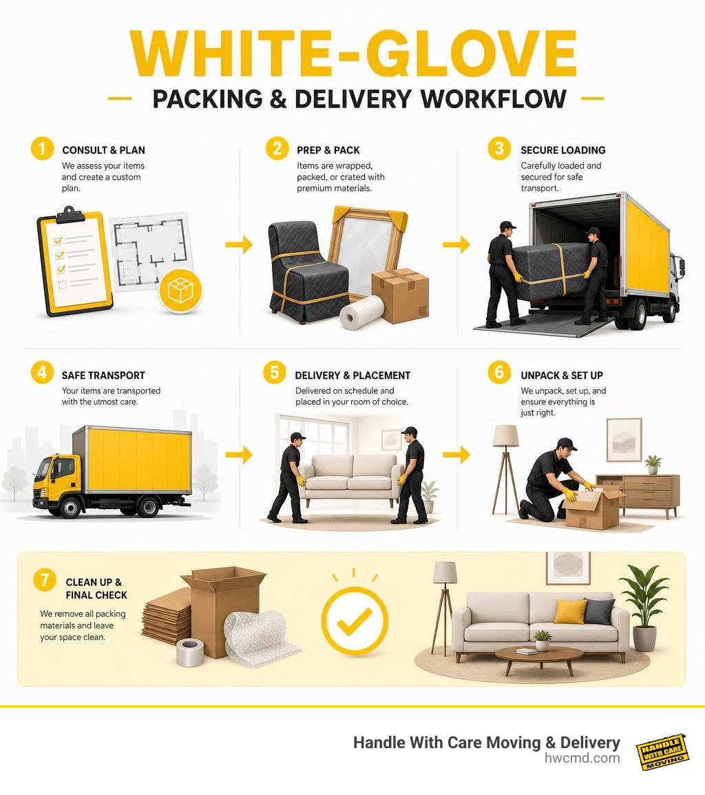 White-glove packing and delivery workflow infographic White-glove packing and delivery workflow infographic