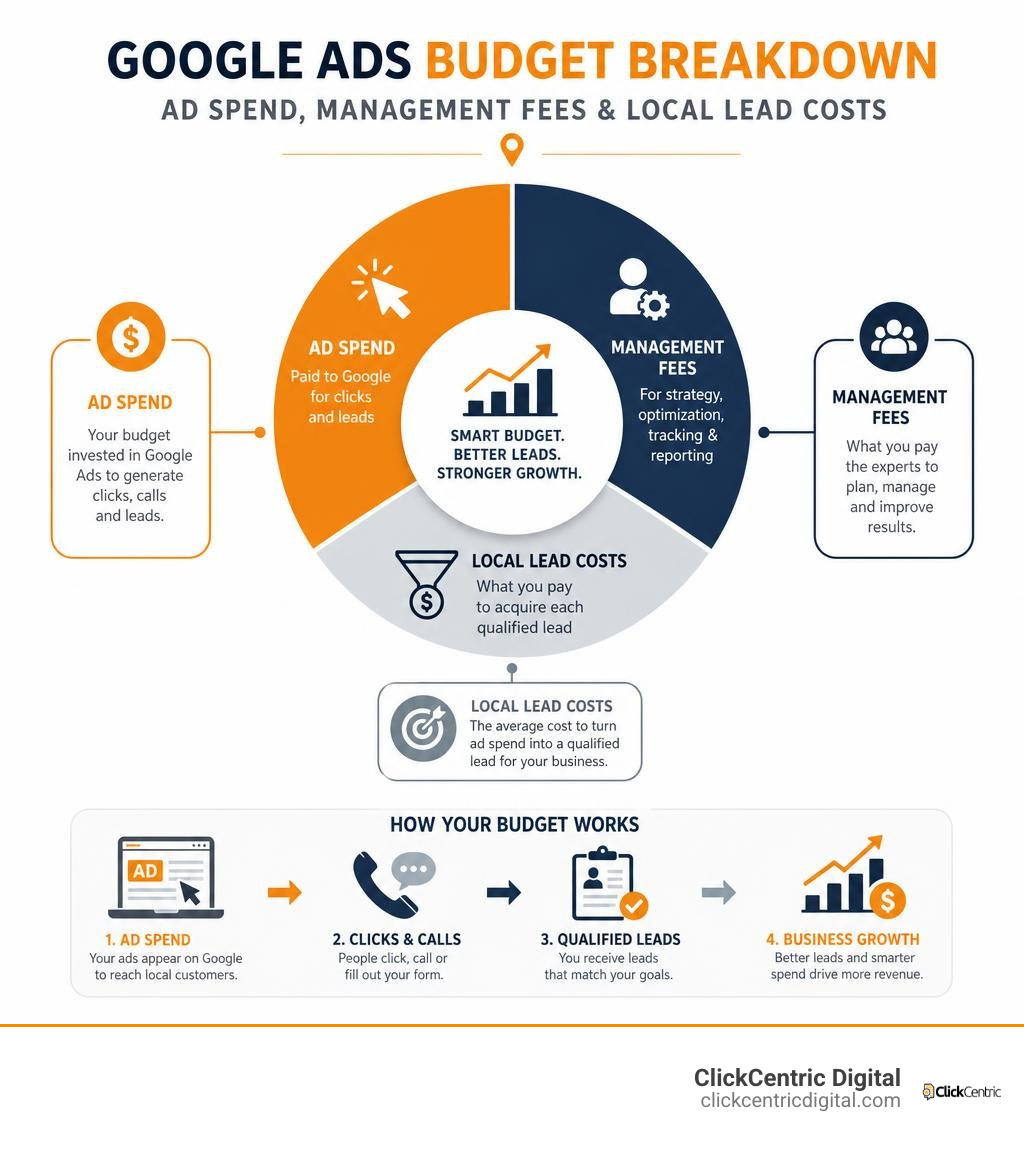 Google Ads budget breakdown ad spend management fees and local lead costs infographic