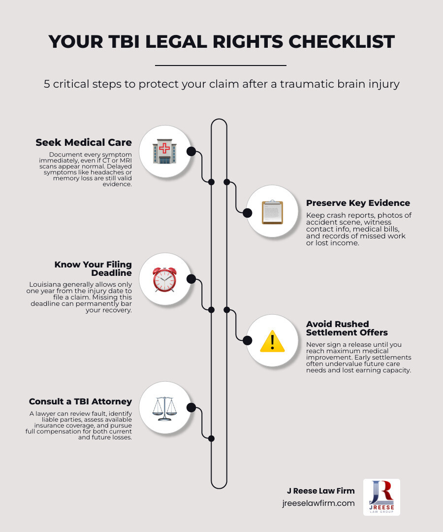 TBI legal rights checklist: care, evidence, deadlines, claim review, and recovery infographic