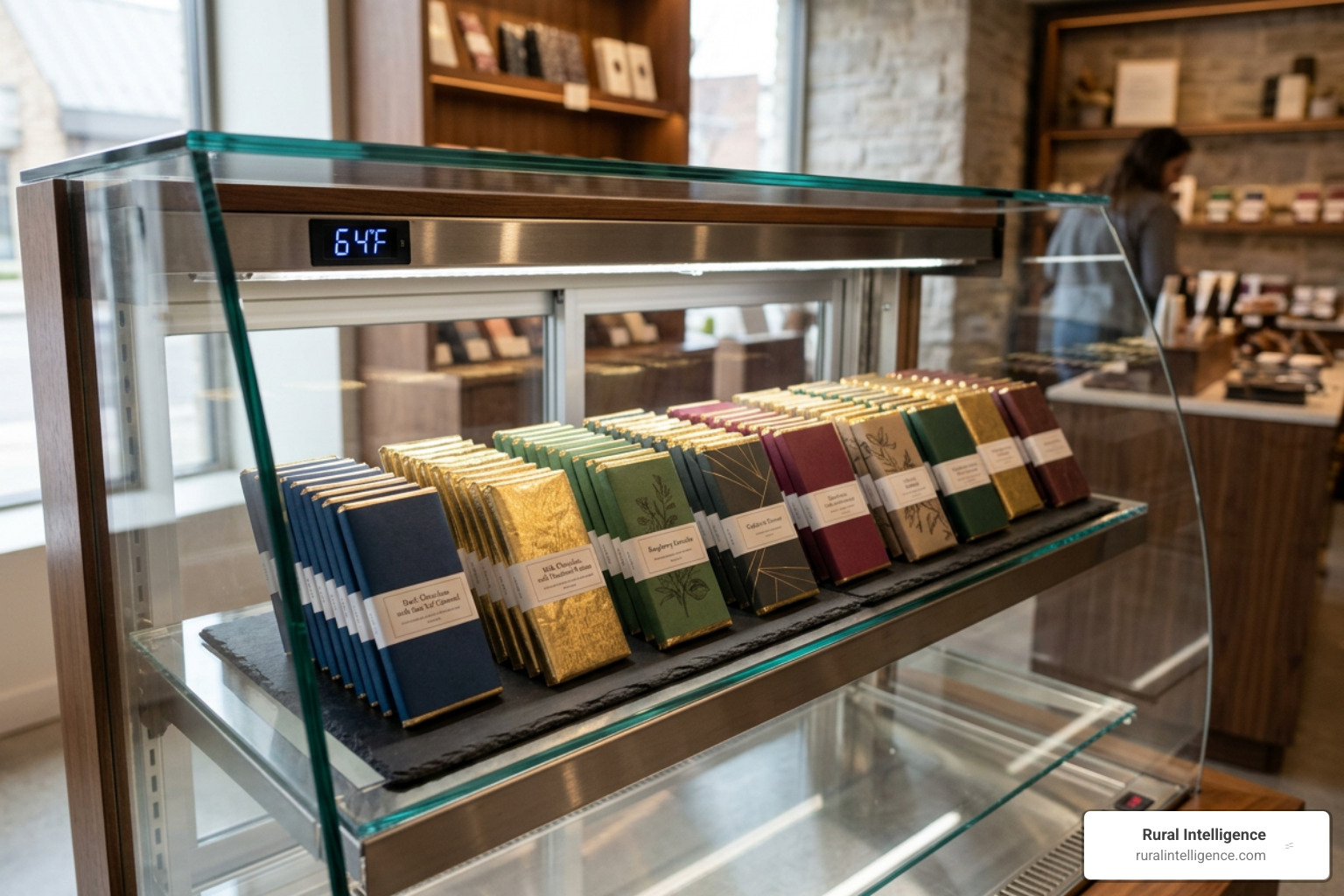 Proper storage of filled chocolate bars in a temperature-controlled display Proper storage of filled chocolate bars in a temperature-controlled display