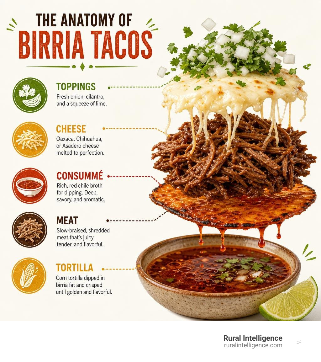 Anatomy of birria tacos with tortilla, meat, cheese, consommé, and toppings infographic Anatomy of birria tacos with tortilla, meat, cheese, consommé, and toppings infographic