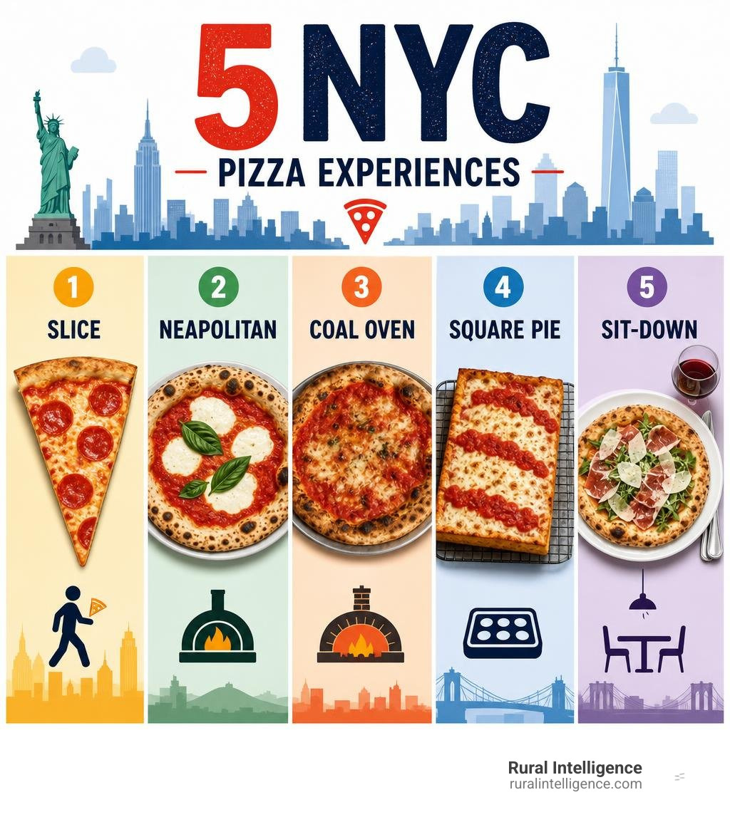Infographic showing five NYC pizza experiences: slice, Neapolitan, coal oven, square pie, sit-down infographic Infographic showing five NYC pizza experiences: slice, Neapolitan, coal oven, square pie, sit-down infographic
