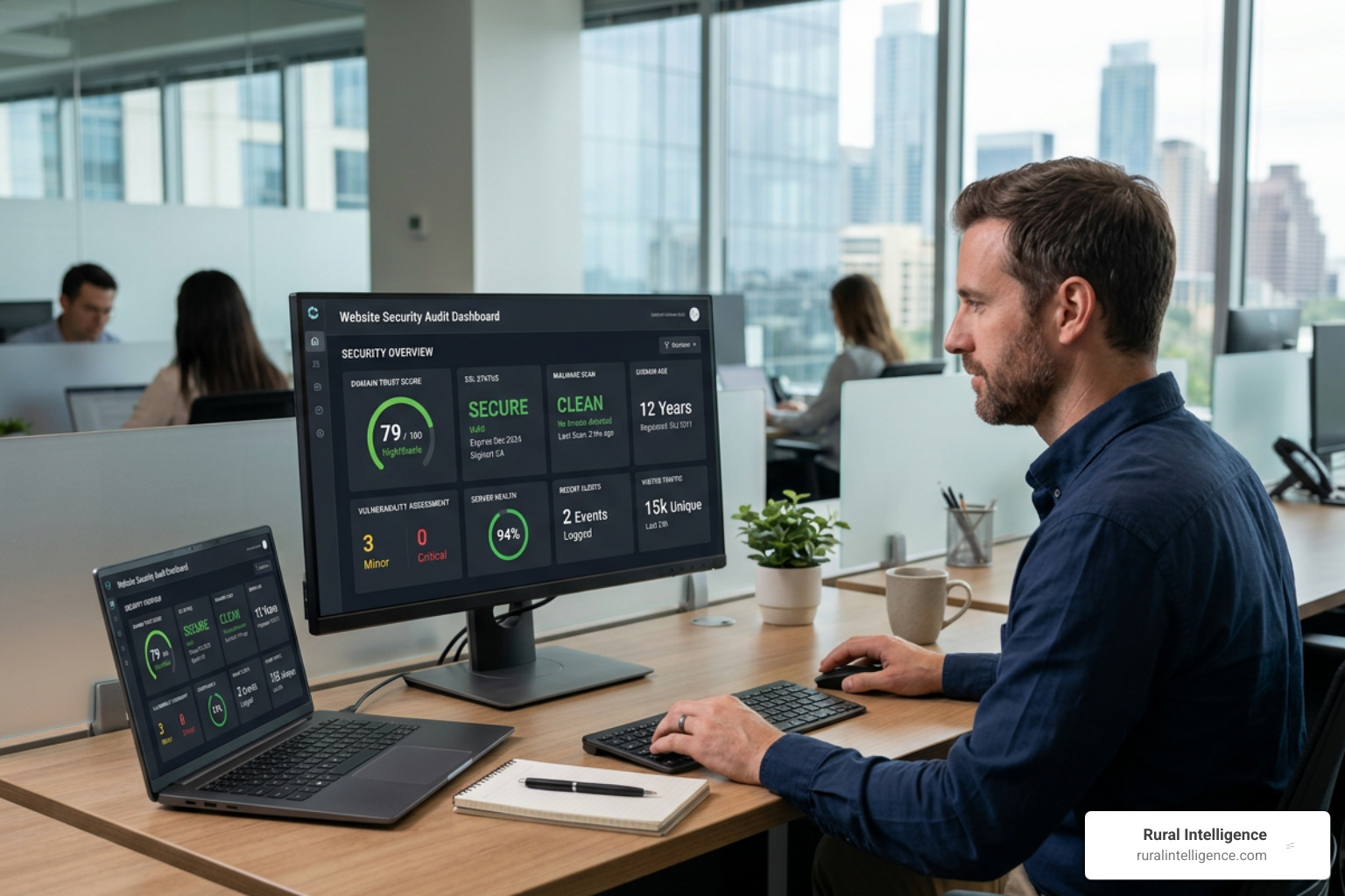 Security audit dashboard showing website domain metrics Security audit dashboard showing website domain metrics