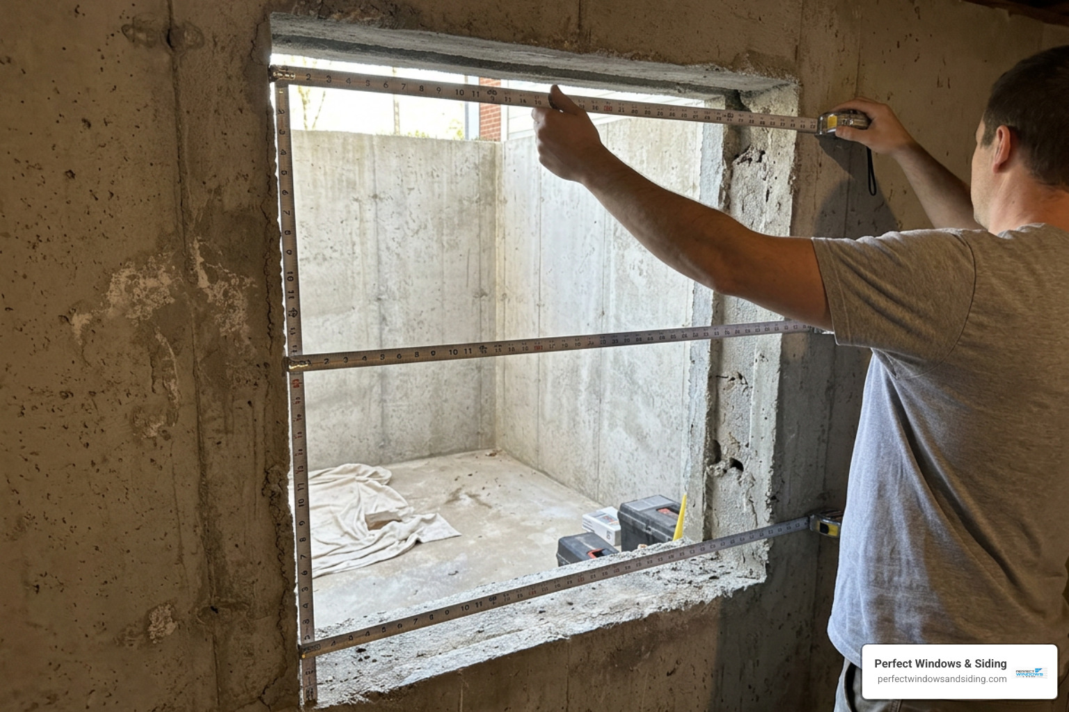 Measuring concrete basement window opening width and height at three points Measuring concrete basement window opening width and height at three points