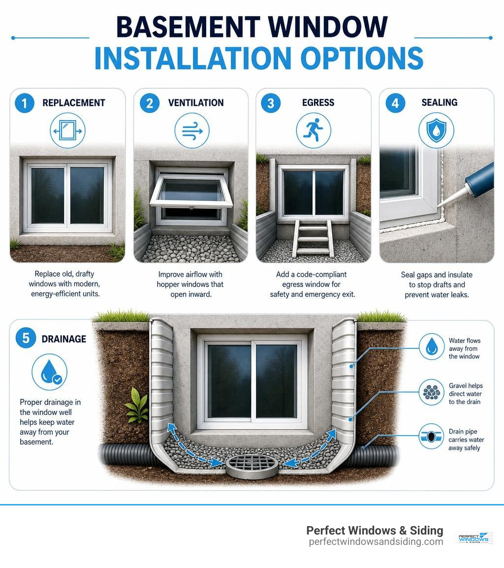 Basement window installation options: replacement, ventilation, egress, sealing, and drainage infographic Basement window installation options: replacement, ventilation, egress, sealing, and drainage infographic