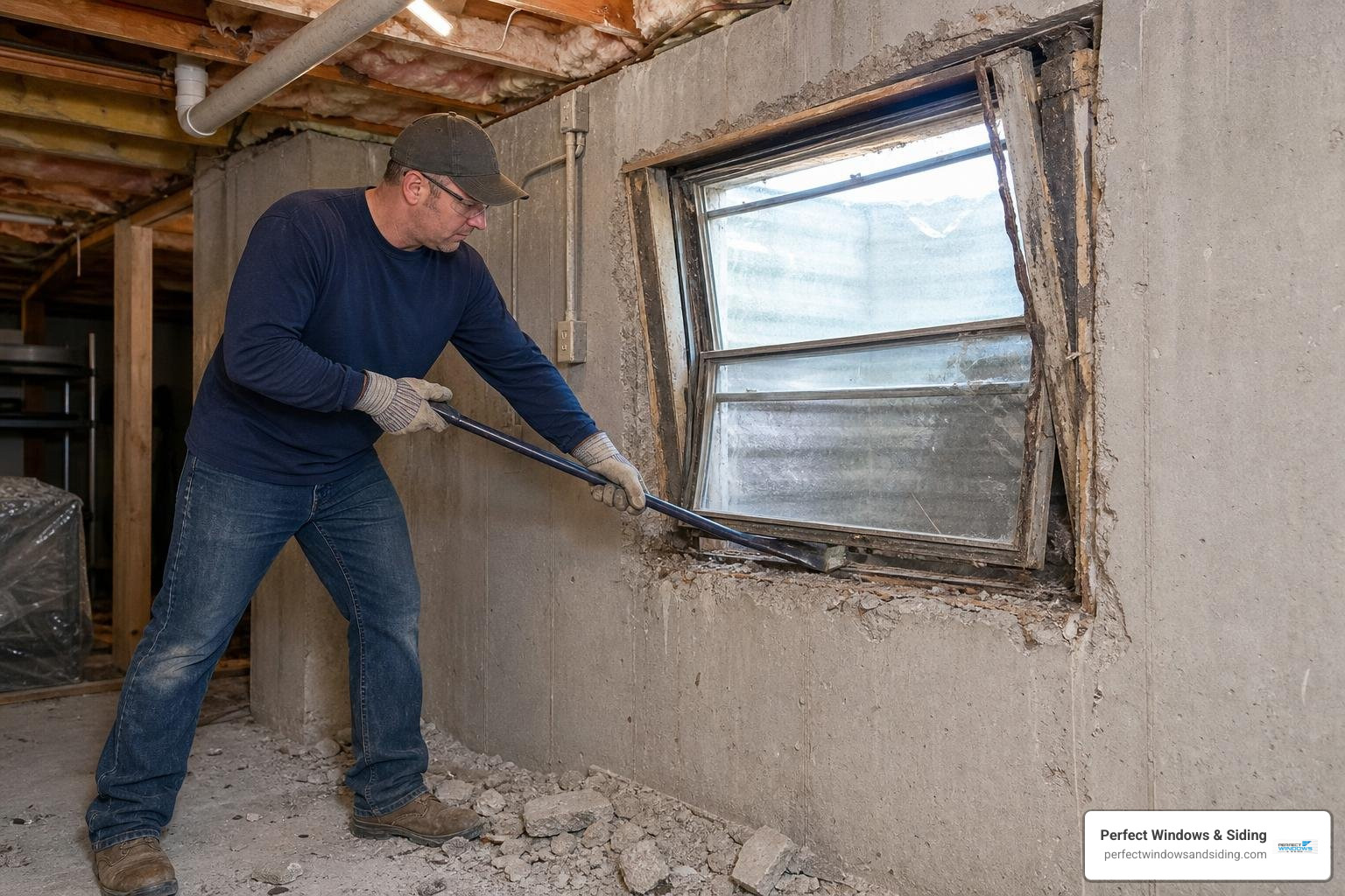 Removing old metal window frame embedded in concrete with a pry bar Removing old metal window frame embedded in concrete with a pry bar