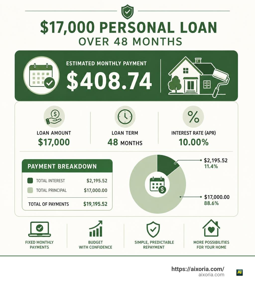 Infographic showing monthly payments for a $17,000 personal loan over 48 months infographic Infographic showing monthly payments for a $17,000 personal loan over 48 months infographic