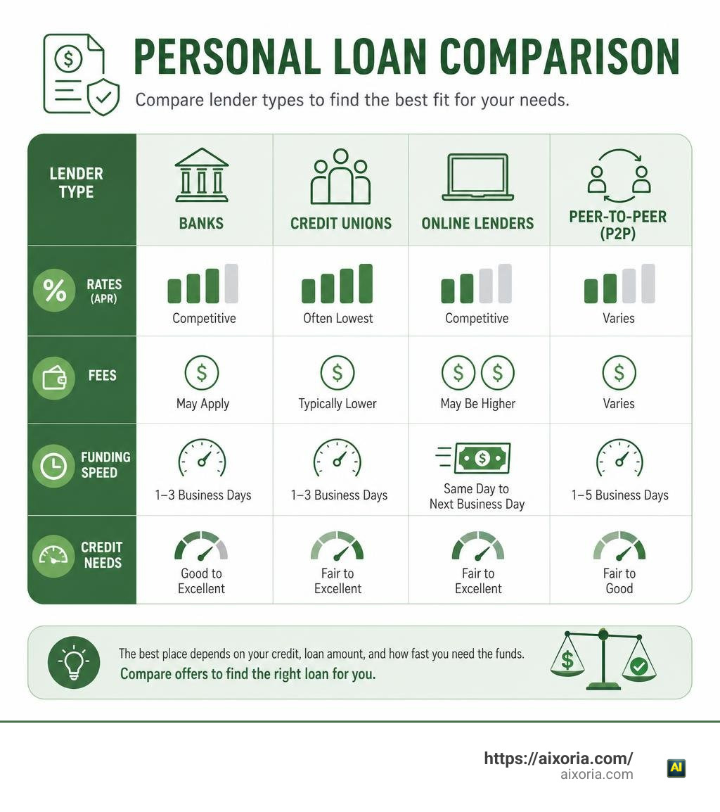 Personal loan comparison showing lender type, rates, fees, funding speed, and credit needs infographic