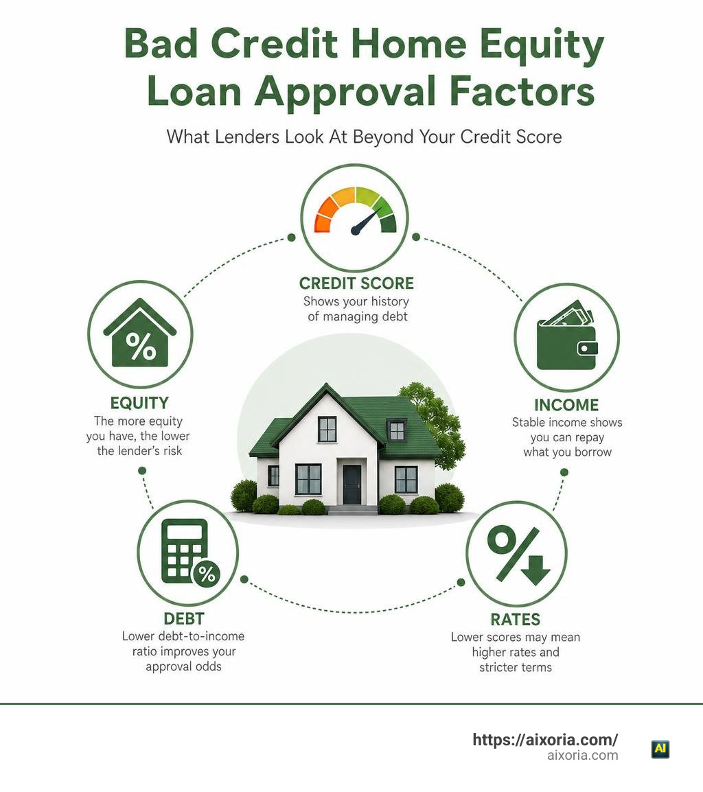 Bad credit home equity loan approval factors: credit score, equity, income, debt, and rates infographic