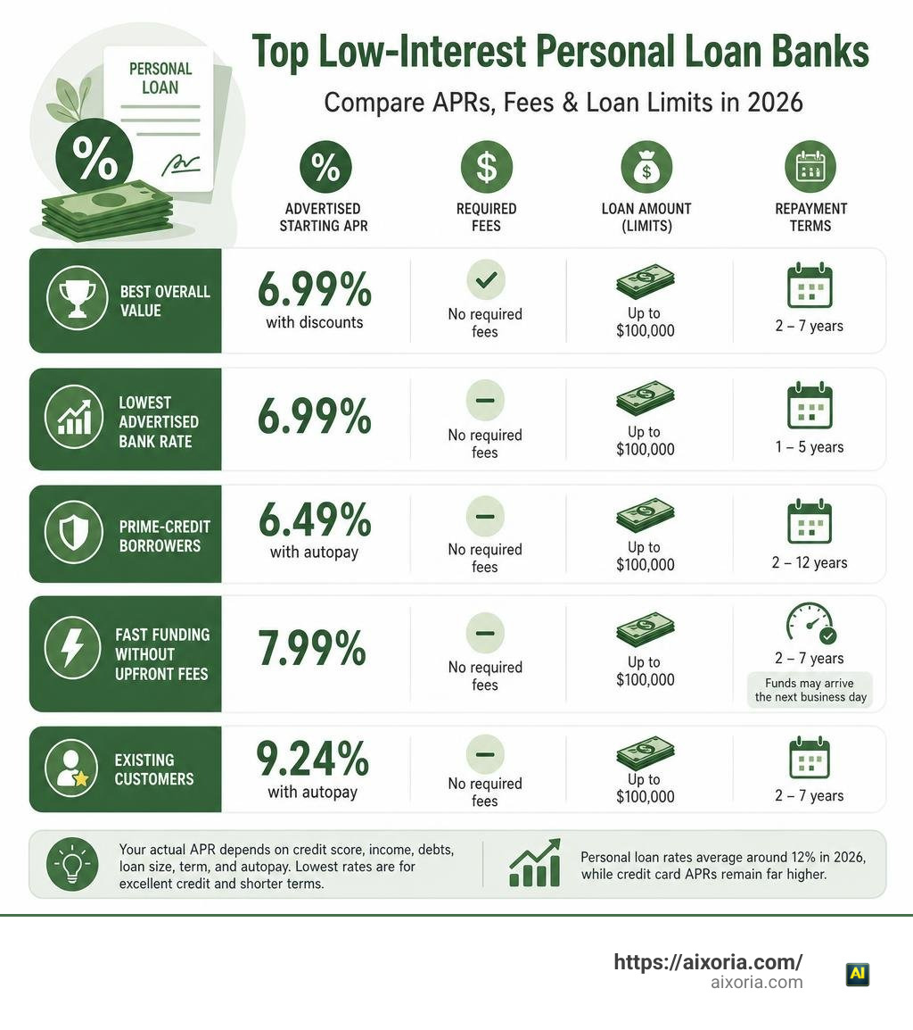 Comparison of top low-interest personal loan banks, APRs, fees, and loan limits infographic