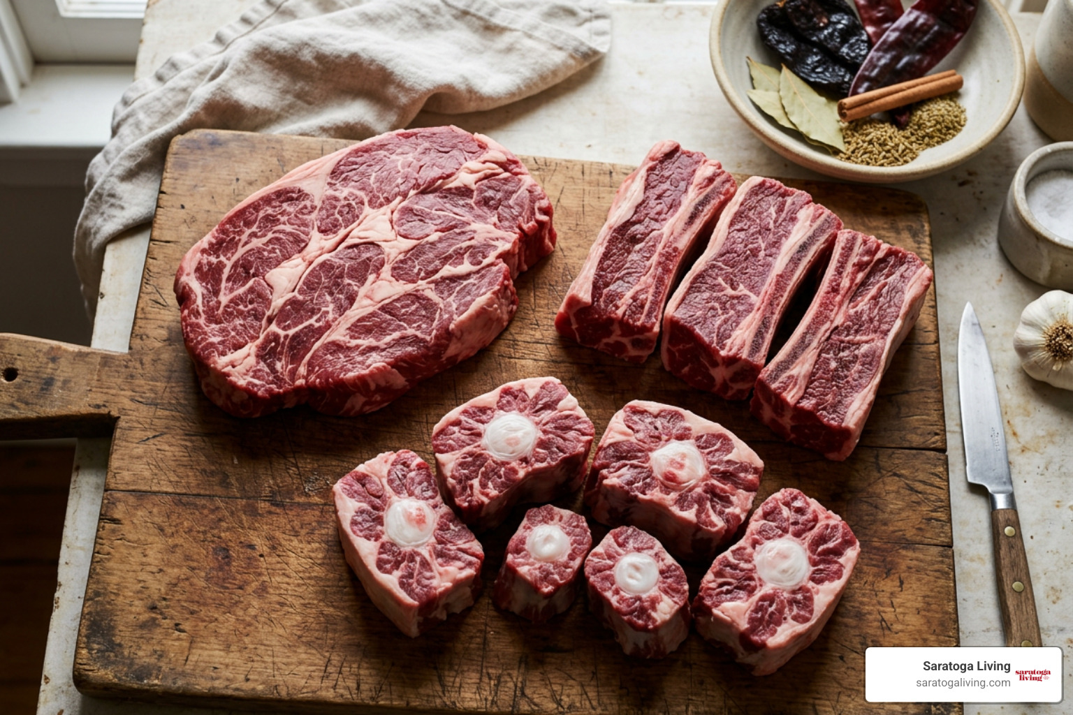 Raw beef cuts for birria: chuck roast, bone-in short ribs, and oxtail