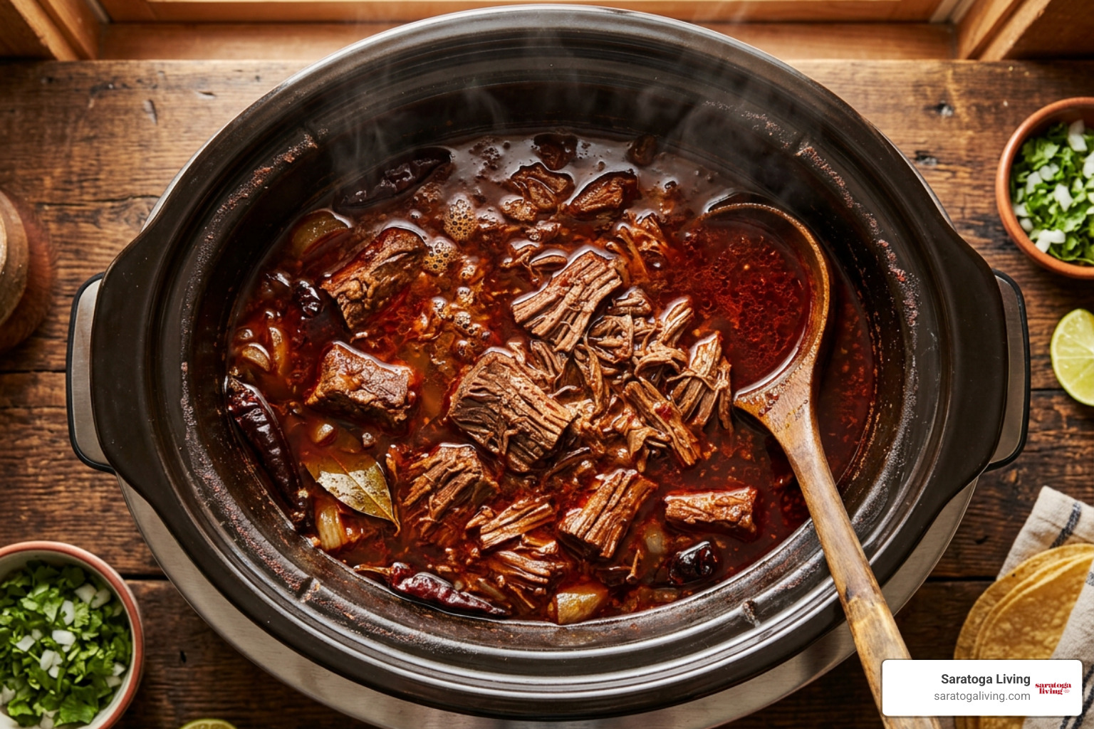 Slow cooker filled with braising beef birria and rich red broth Slow cooker filled with braising beef birria and rich red broth