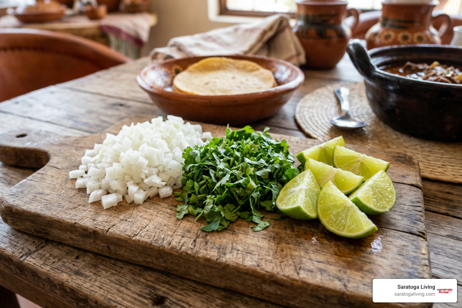 Finely diced white onions, chopped cilantro, and lime wedges arranged for garnishing birria tacos Finely diced white onions, chopped cilantro, and lime wedges arranged for garnishing birria tacos