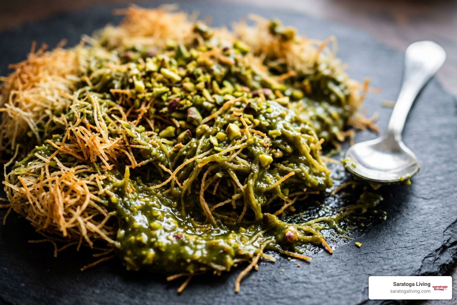 Golden toasted kataifi pastry mixed into vibrant green pistachio cream Golden toasted kataifi pastry mixed into vibrant green pistachio cream