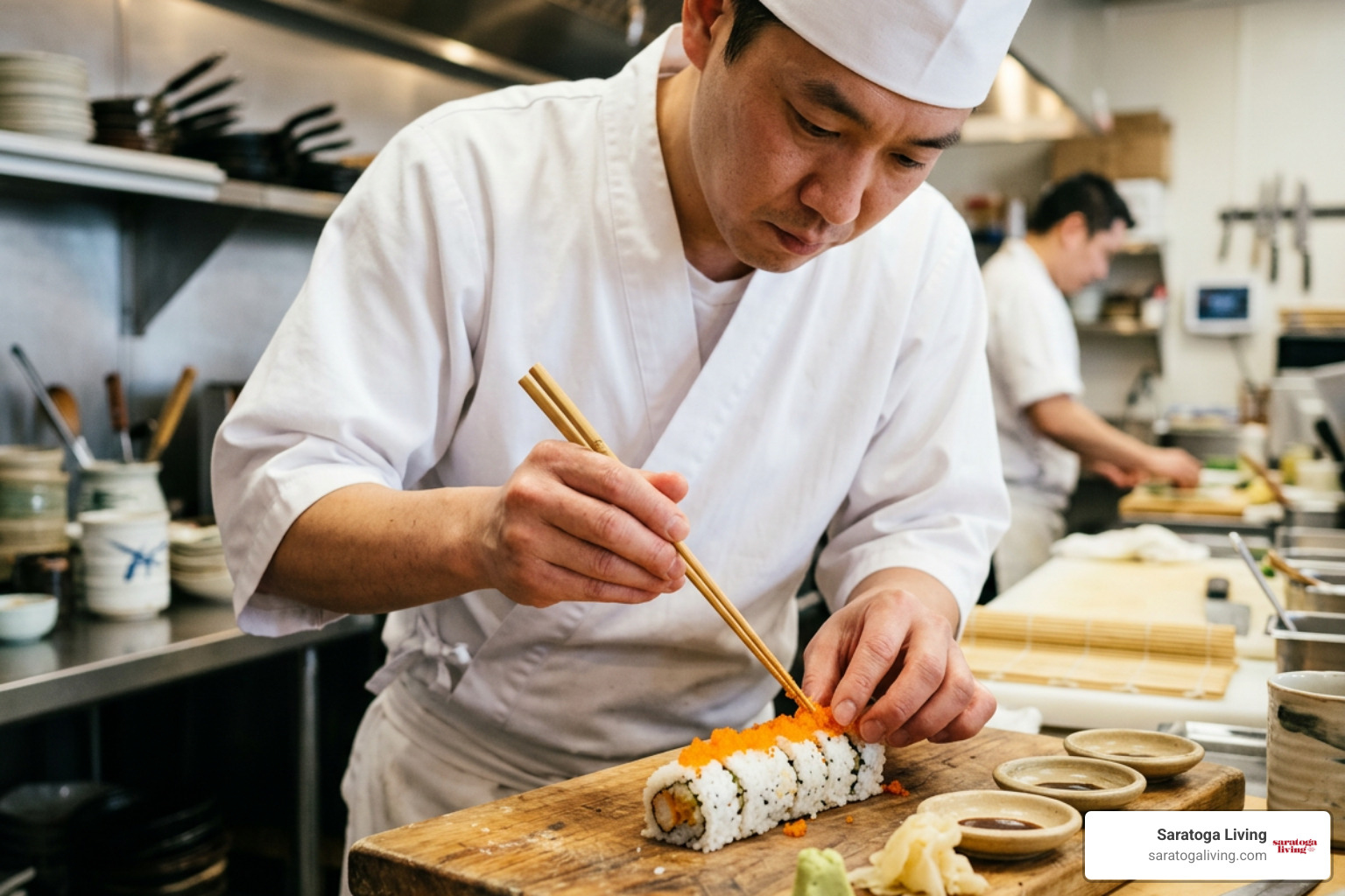 sushi chef garnishing a California roll sushi chef garnishing a California roll