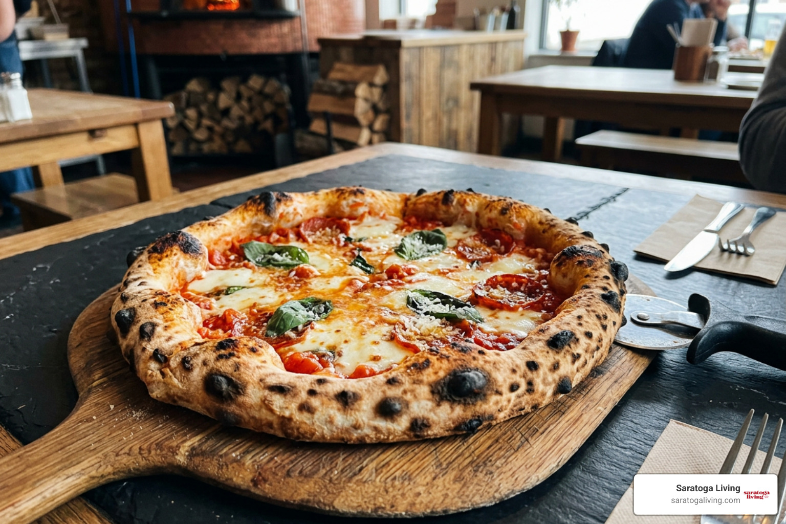 Freshly baked coal-fired pizza with blistered crust