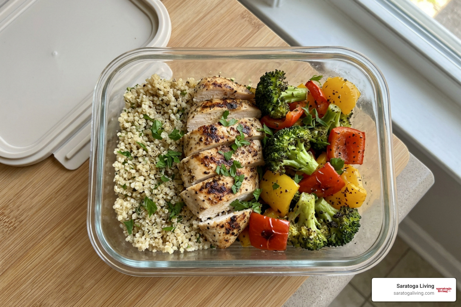 Prepped high-protein chicken bowl with quinoa and roasted vegetables Prepped high-protein chicken bowl with quinoa and roasted vegetables