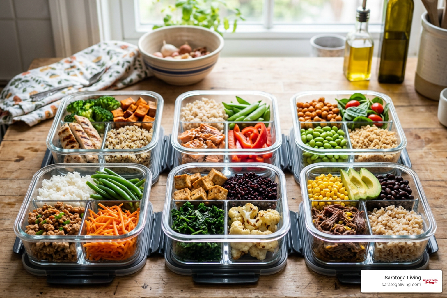 Compartmentalized glass containers loaded with prepped meals Compartmentalized glass containers loaded with prepped meals