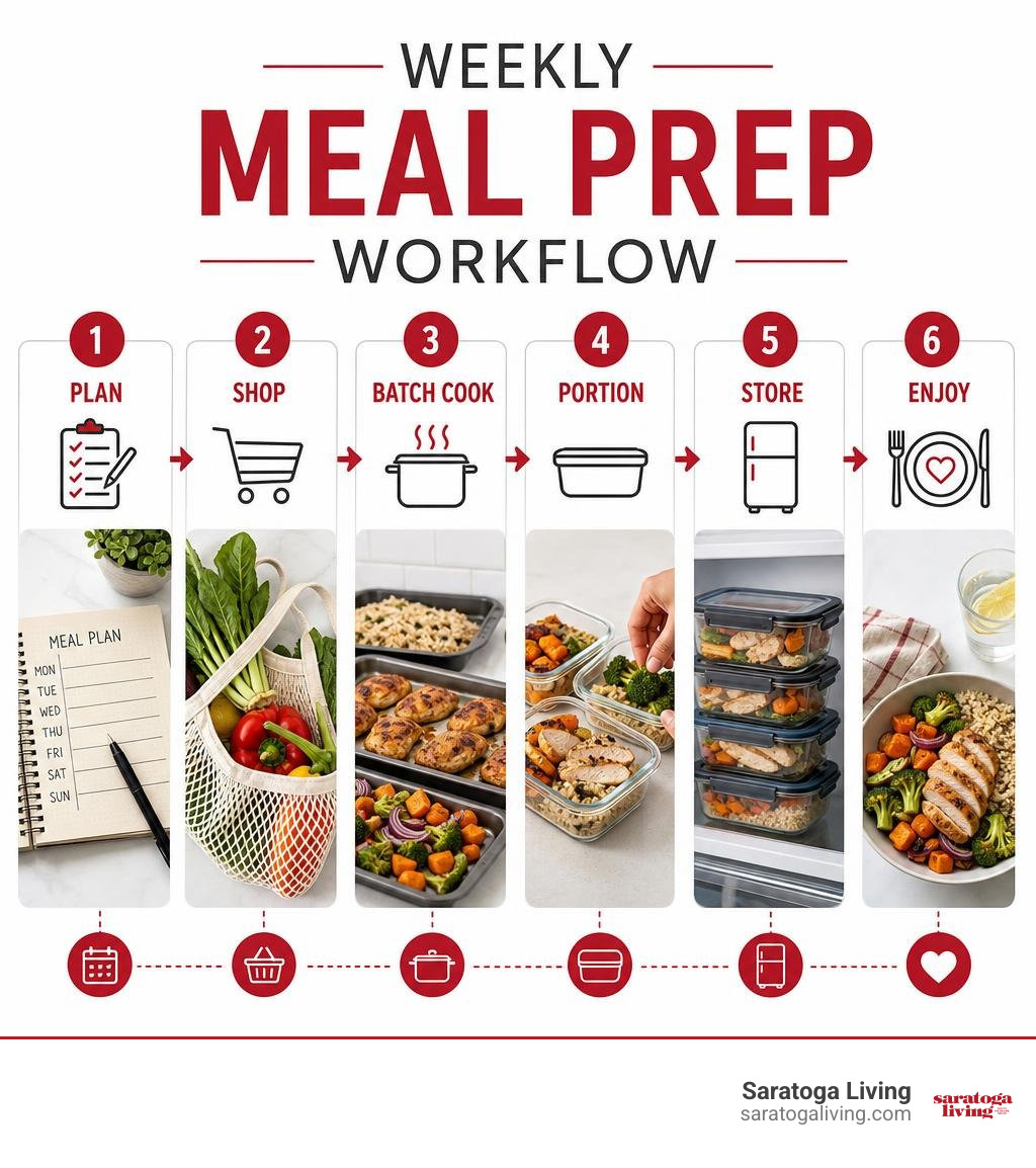 Weekly meal prep workflow: plan, shop, batch cook, portion, store, enjoy infographic Weekly meal prep workflow: plan, shop, batch cook, portion, store, enjoy infographic