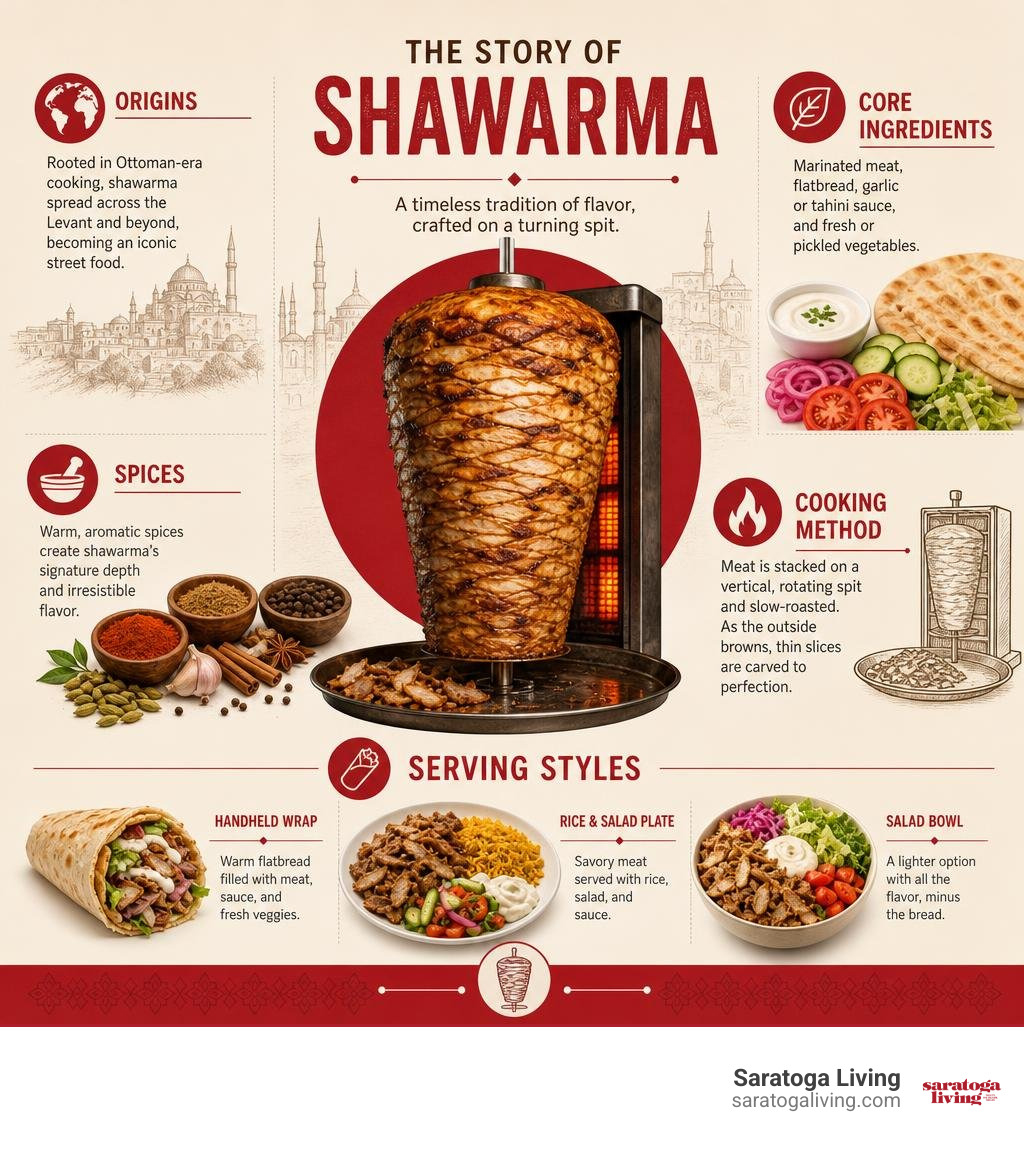 Shawarma origins, core ingredients, spices, cooking method, and serving styles infographic Shawarma origins, core ingredients, spices, cooking method, and serving styles infographic
