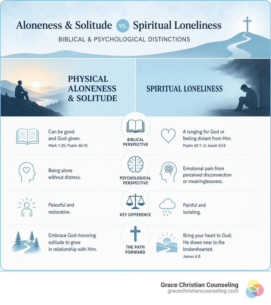 Infographic comparing physical aloneness vs. spiritual loneliness with biblical and psychological distinctions - Biblical Infographic comparing physical aloneness vs. spiritual loneliness with biblical and psychological distinctions - Biblical
