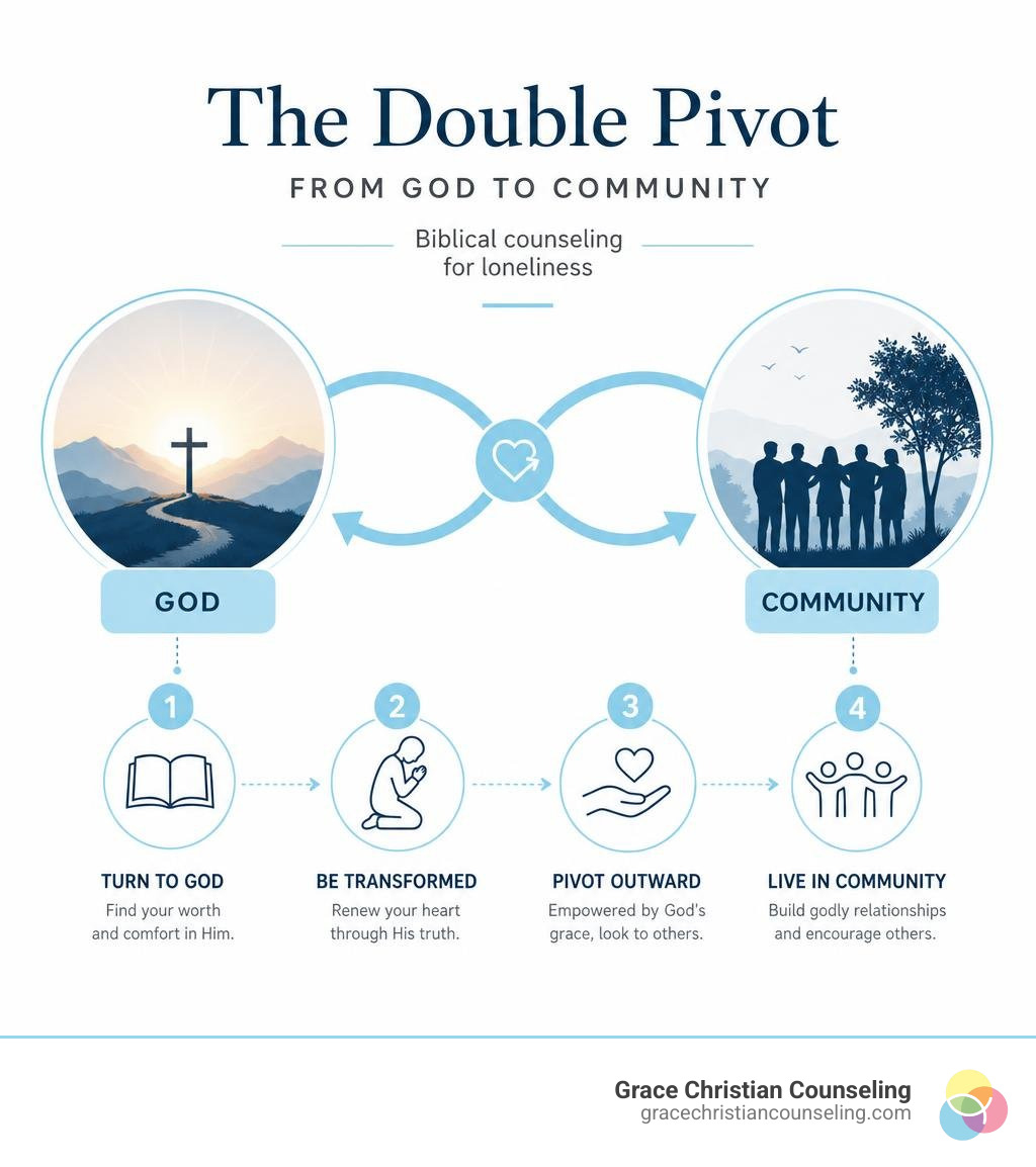 Infographic showing the "Double Pivot" from God to community - Biblical counseling for loneliness infographic pillar-4-steps Infographic showing the "Double Pivot" from God to community - Biblical counseling for loneliness infographic pillar-4-steps