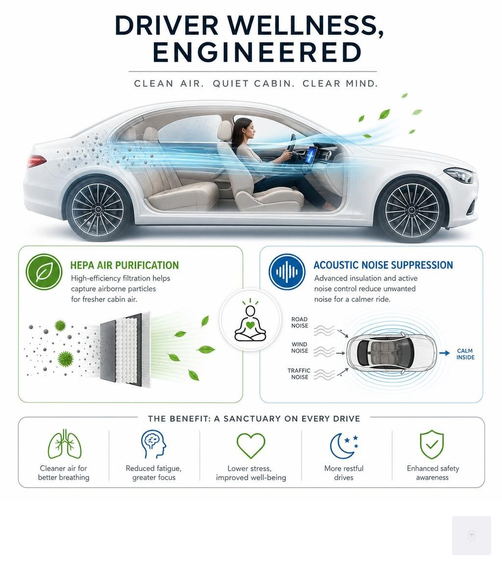Infographic highlighting driver wellness metrics including HEPA air purification and acoustic noise suppression infographic