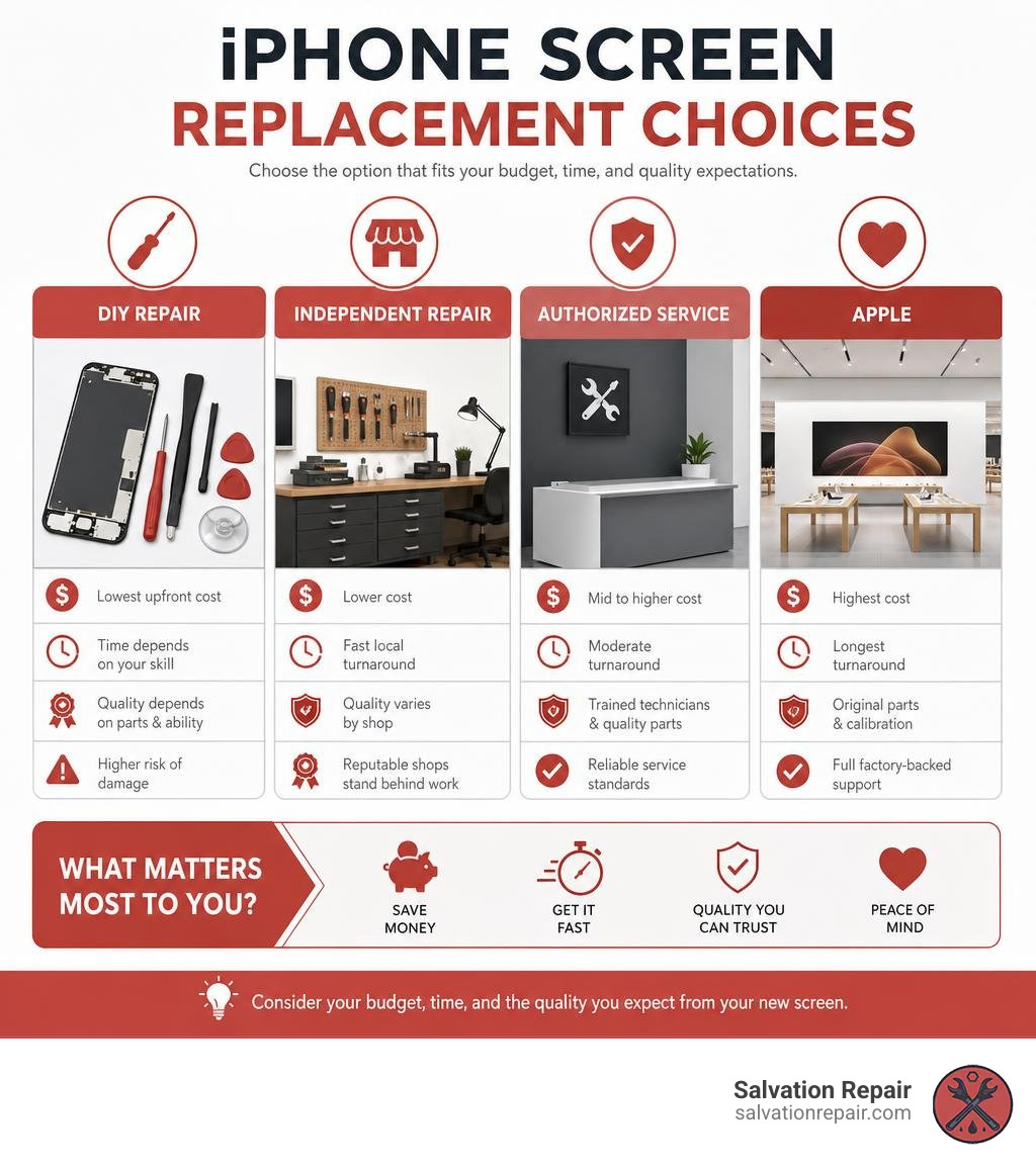 iPhone screen replacement choices comparing DIY, independent repair, authorized service, and Apple infographic iPhone screen replacement choices comparing DIY, independent repair, authorized service, and Apple infographic