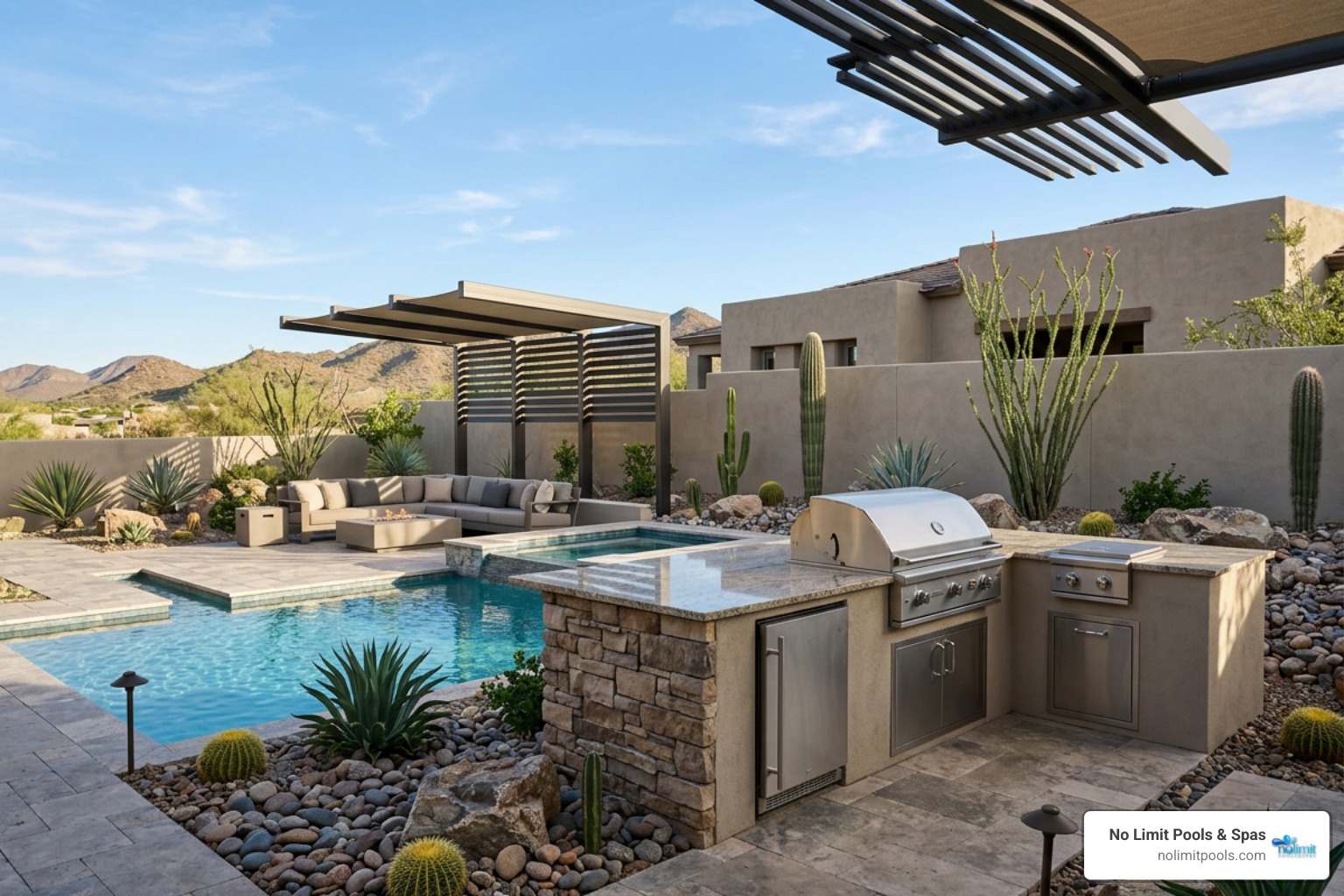 original desert modern pool with outdoor kitchen design