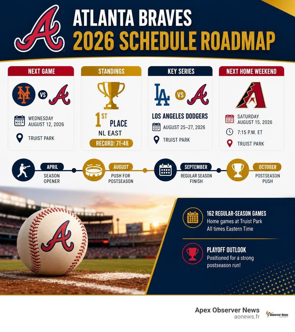 Atlanta Braves 2026 schedule roadmap with next game, standings, key series, and postseason infographic Atlanta Braves 2026 schedule roadmap with next game, standings, key series, and postseason infographic