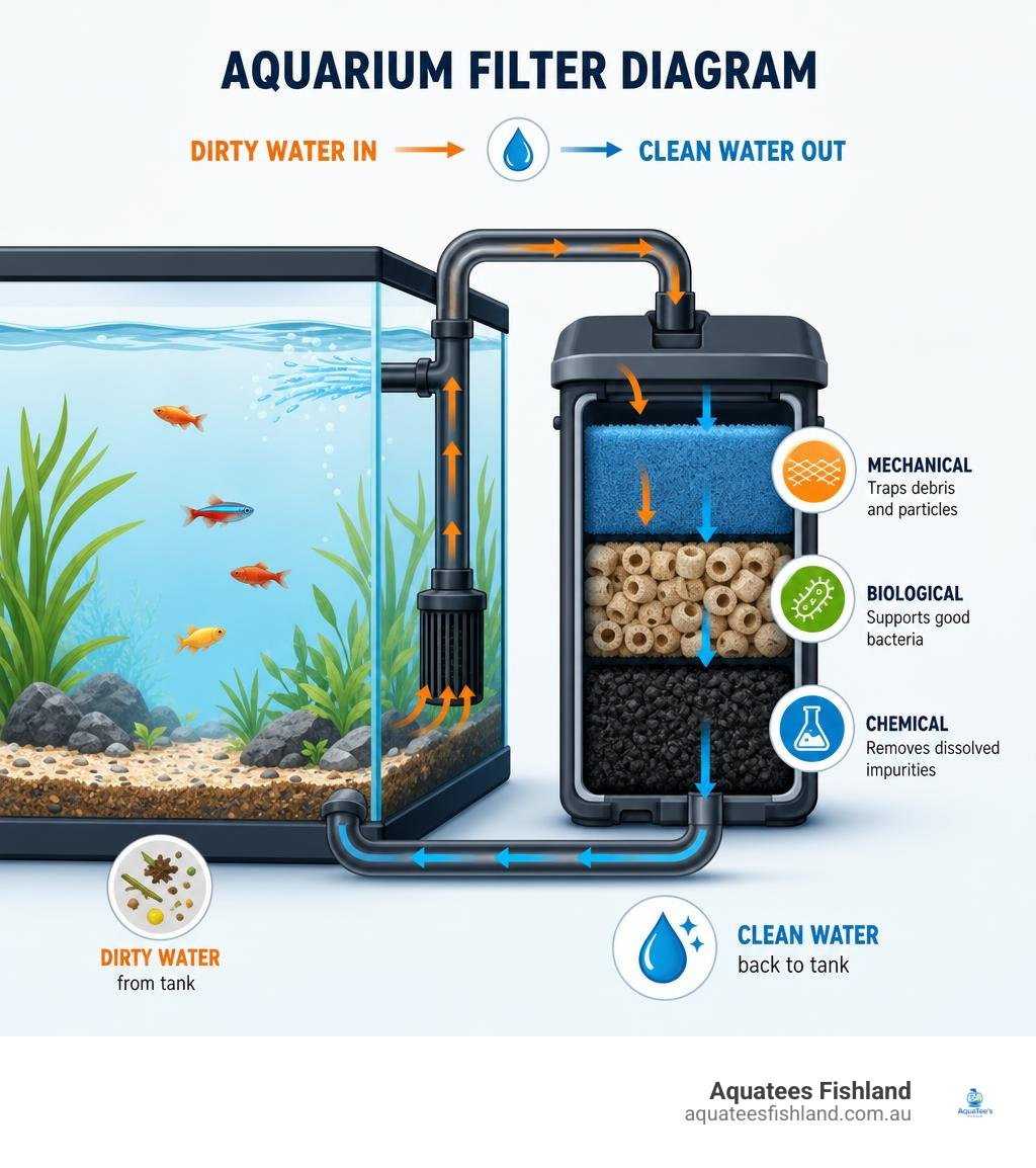 simple aquarium filter diagram showing dirty water entering the filter and clean water returning to the tank infographic