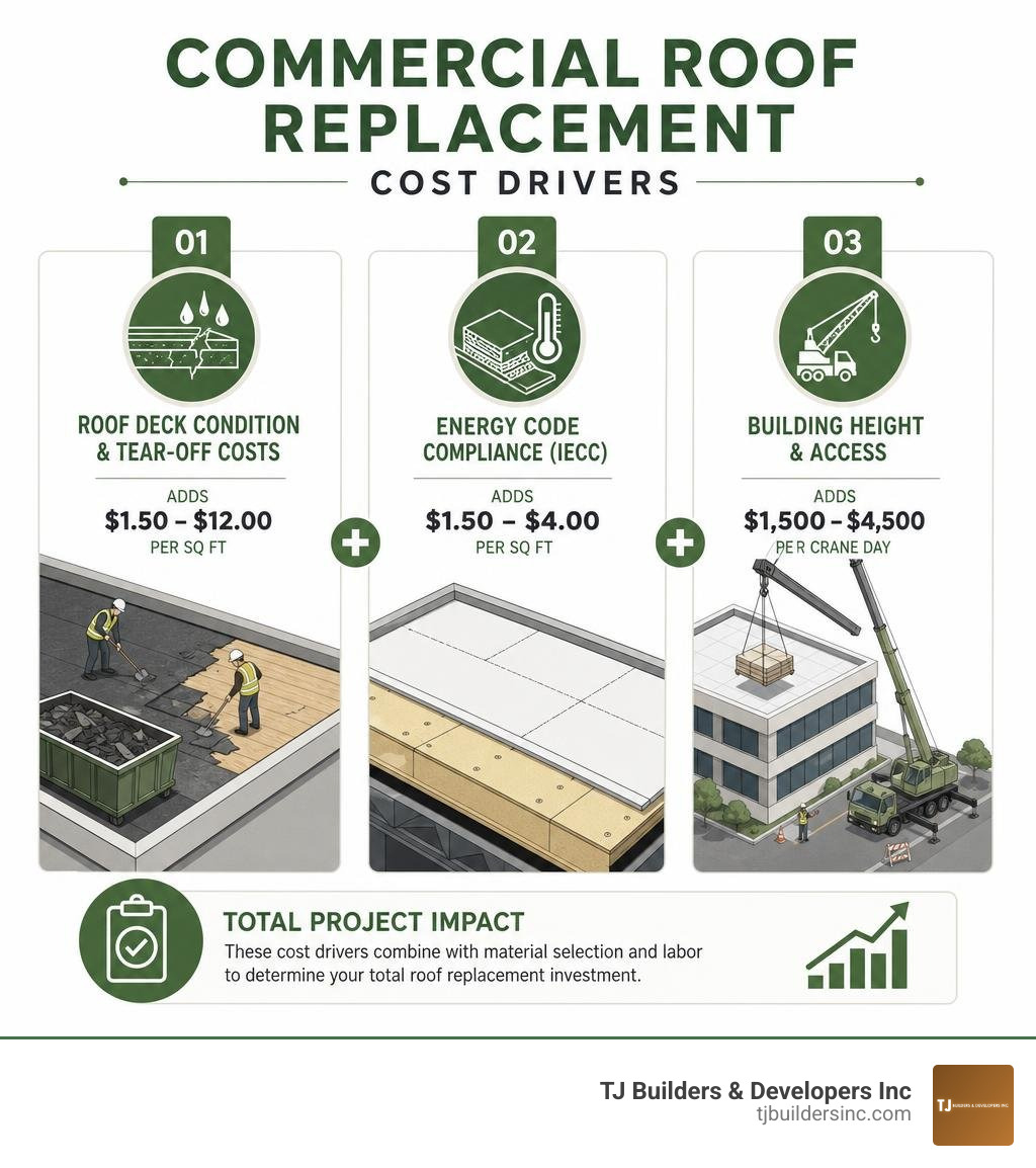 Commercial roof replacement cost drivers graphic infographic Commercial roof replacement cost drivers graphic infographic
