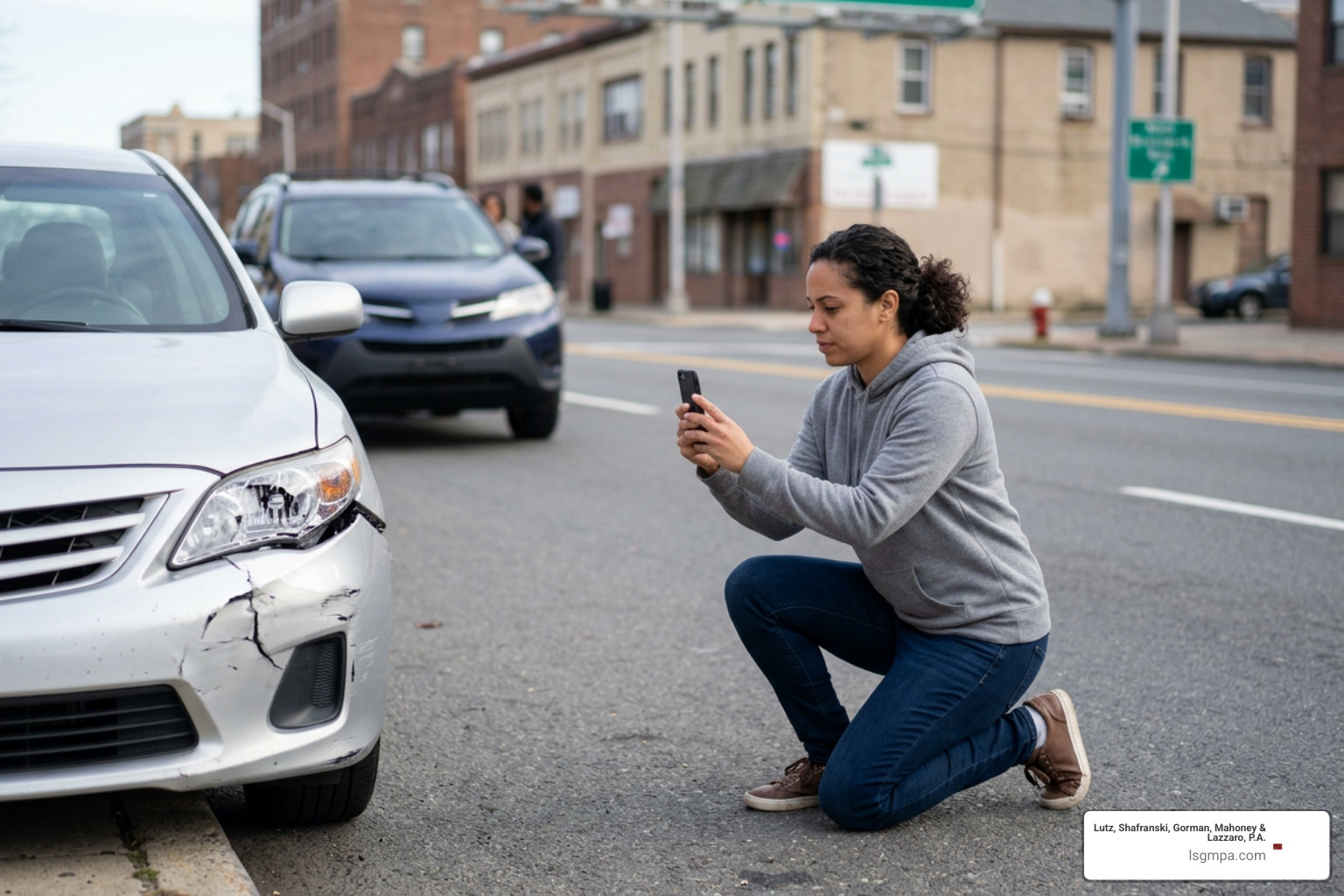 Driver gathering collision evidence safely at a car accident scene in New Brunswick Driver gathering collision evidence safely at a car accident scene in New Brunswick