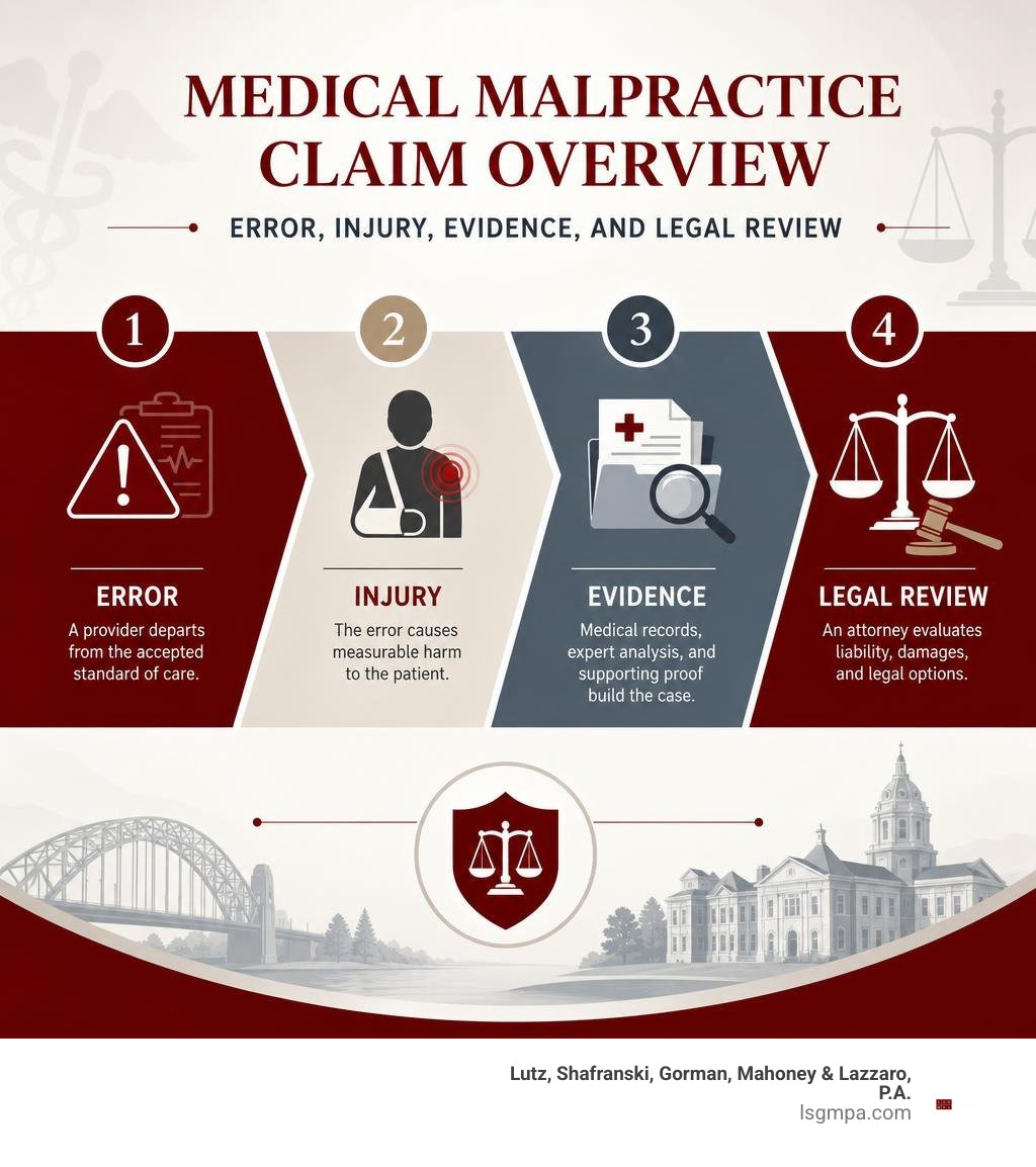 Medical malpractice claim overview: error, injury, evidence, and legal review infographic