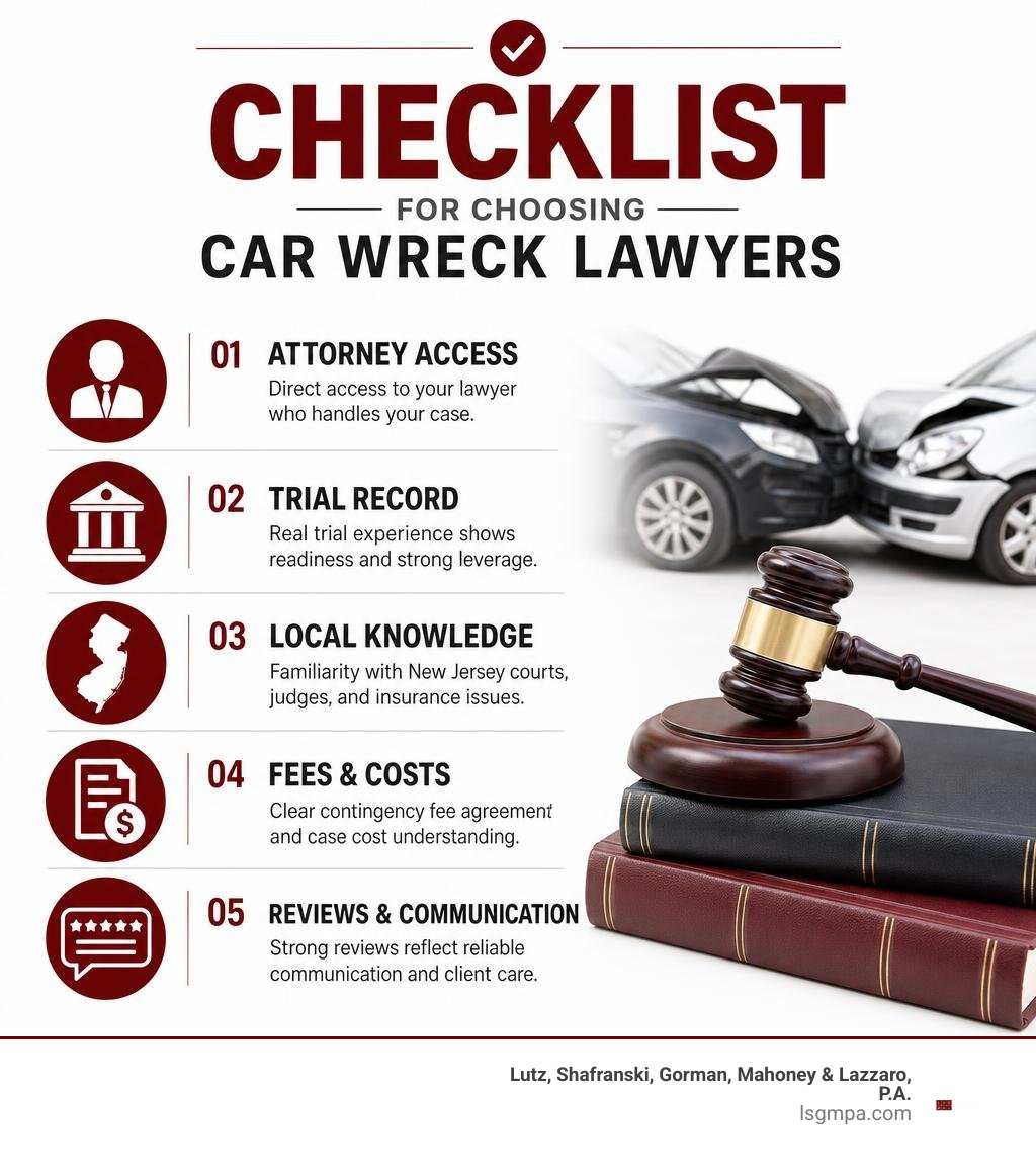 Checklist for choosing car wreck lawyers: attorney access, trial record, local knowledge, fees, reviews infographic