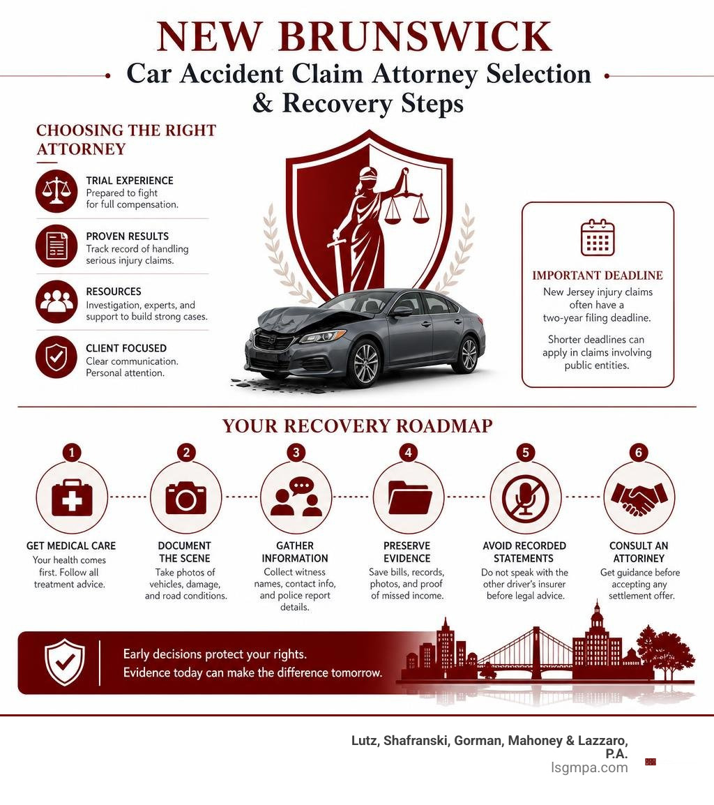 New Brunswick car accident claim attorney selection and recovery steps infographic New Brunswick car accident claim attorney selection and recovery steps infographic