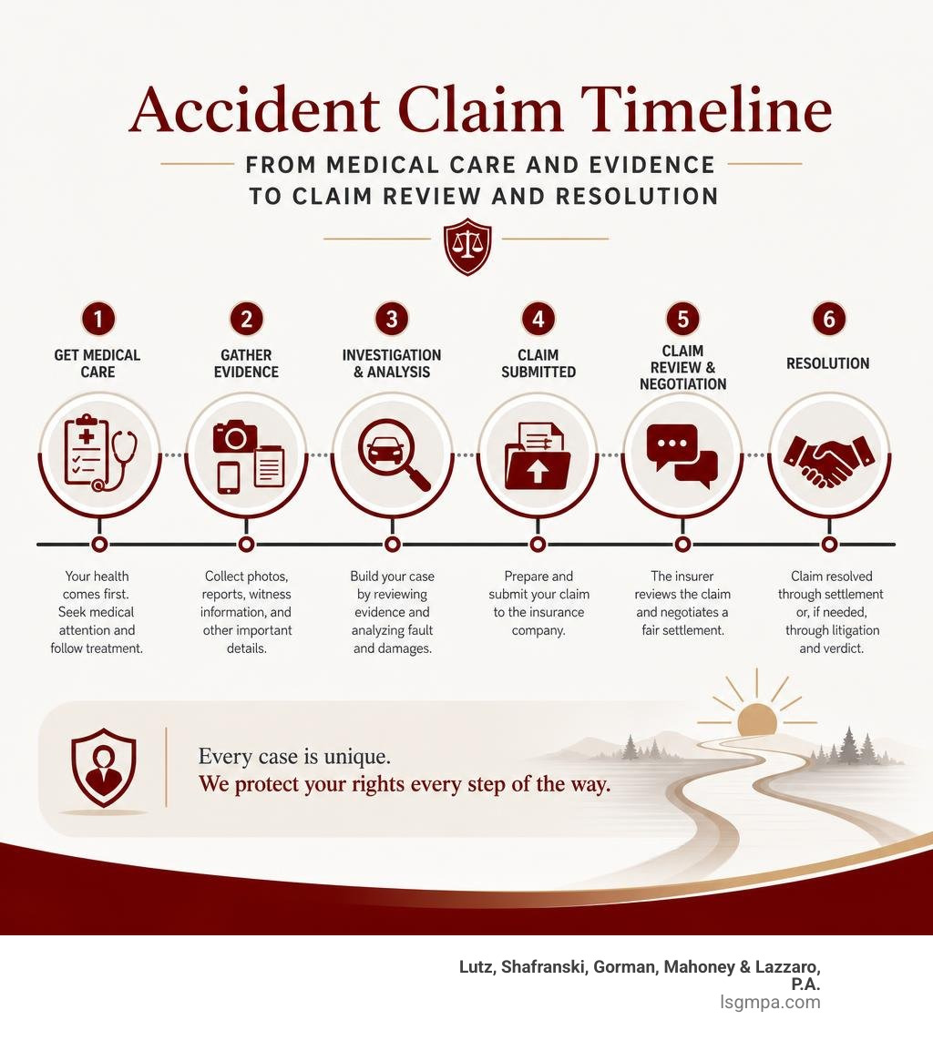 Accident claim timeline from medical care and evidence to claim review and resolution infographic