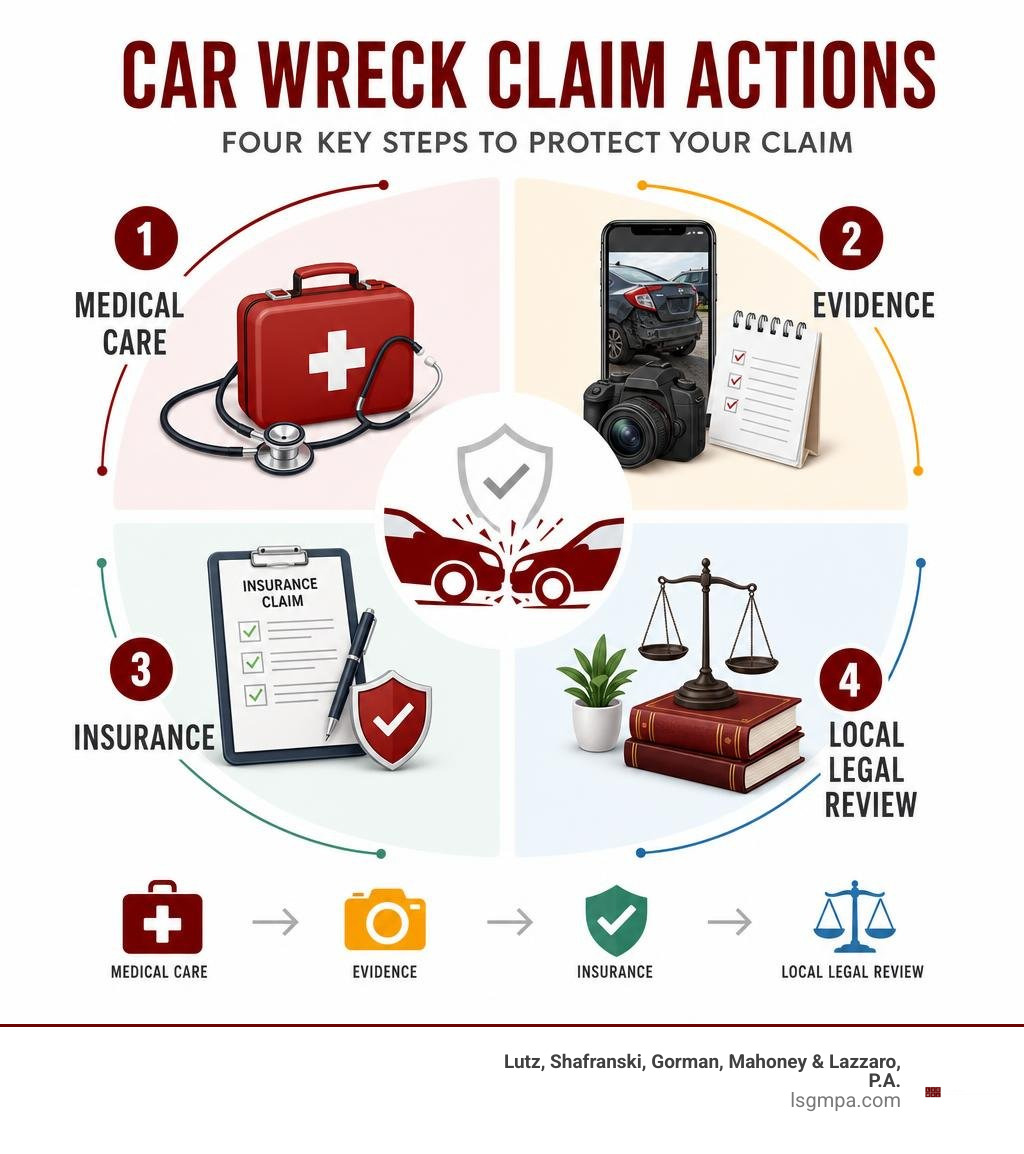 Car wreck claim actions: medical care, evidence, insurance, local legal review infographic