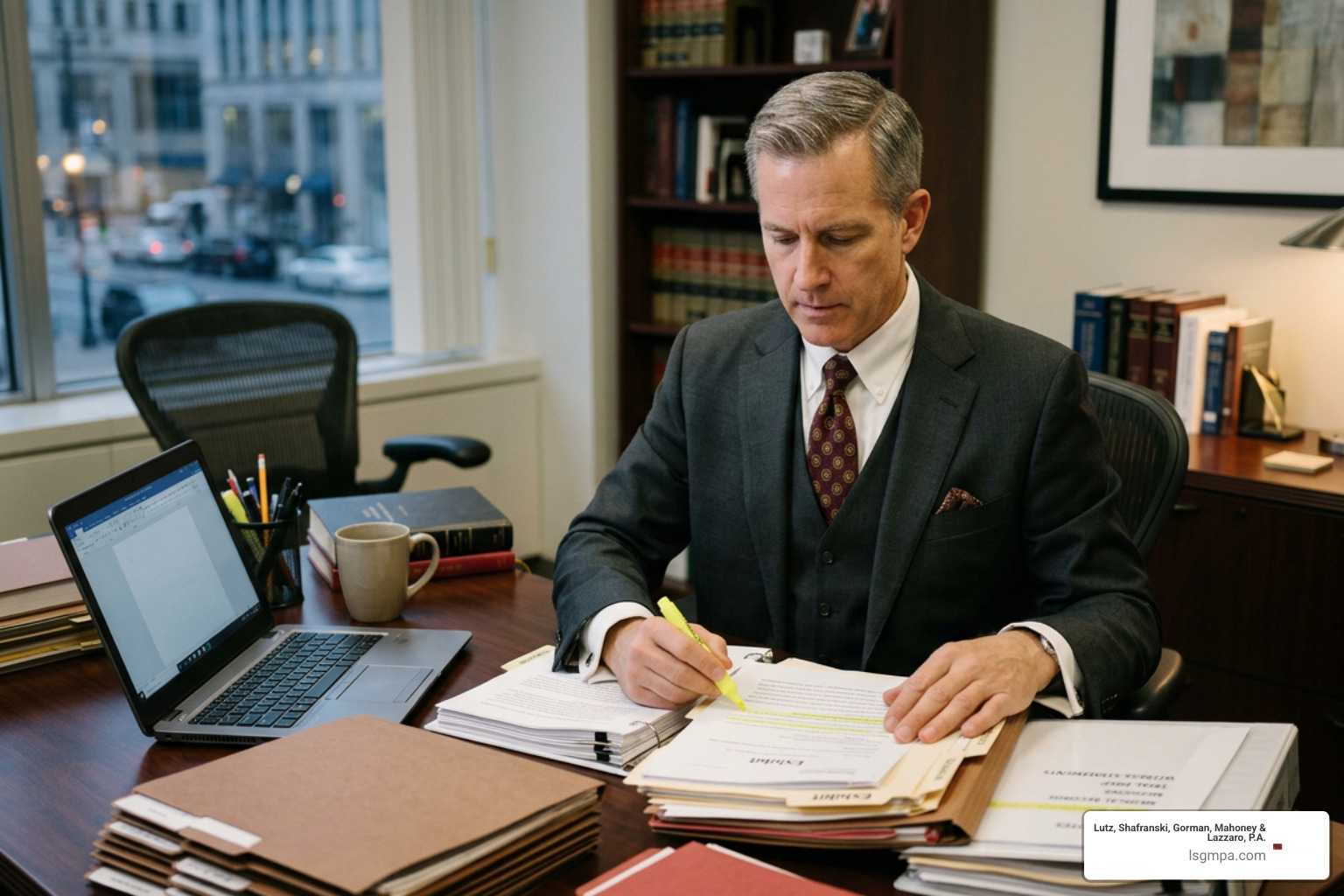 Attorney reviewing legal case documents in preparation for a personal injury trial