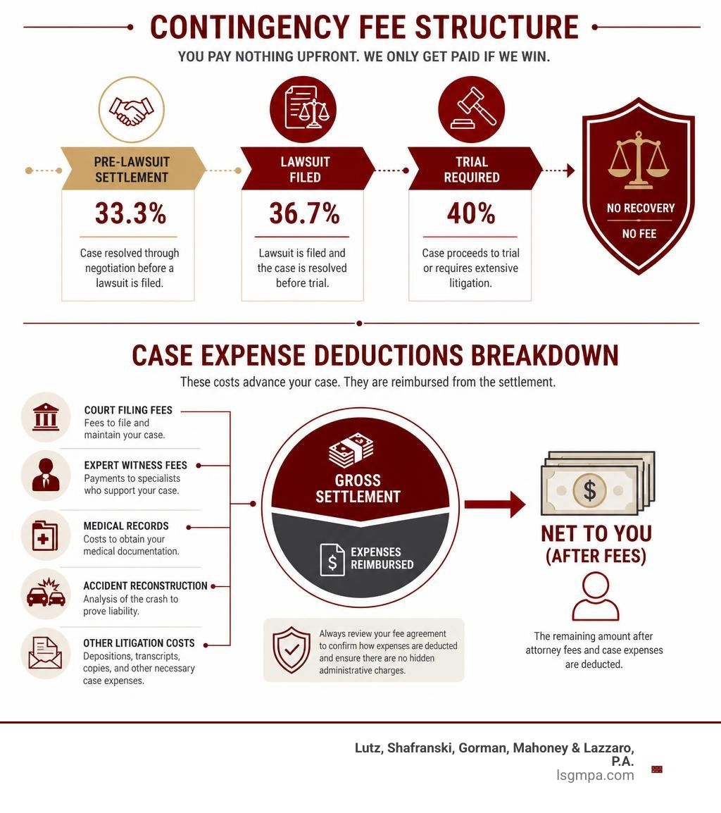 Contingency fee structure and case expense deductions breakdown infographic