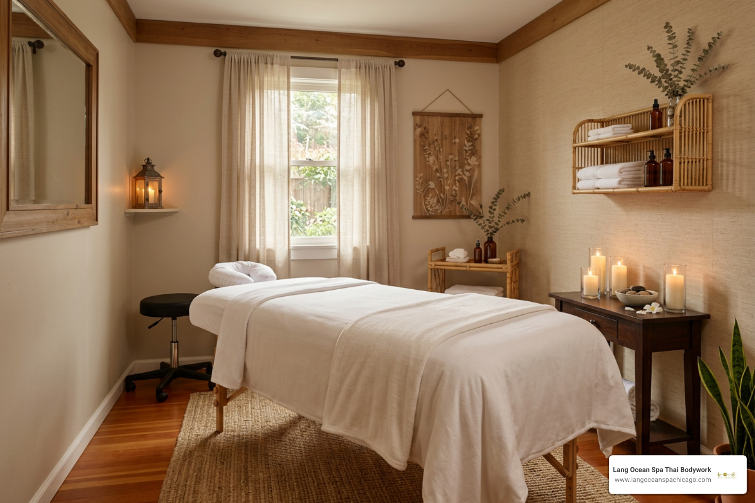 Peaceful day spa treatment room featuring warm ambient lighting and professional massage setup Peaceful day spa treatment room featuring warm ambient lighting and professional massage setup