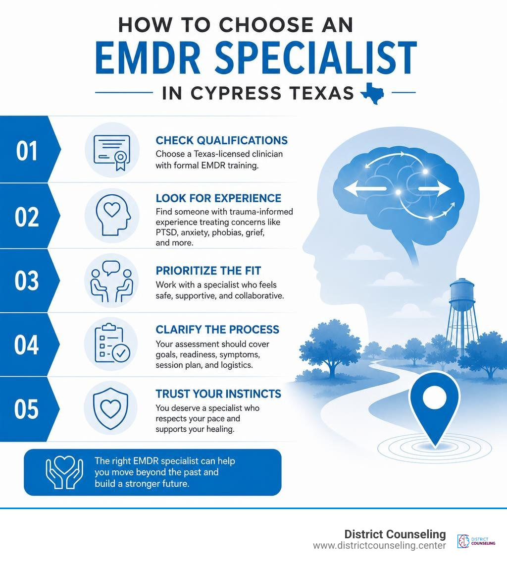 How to choose an EMDR specialist in Cypress Texas infographic