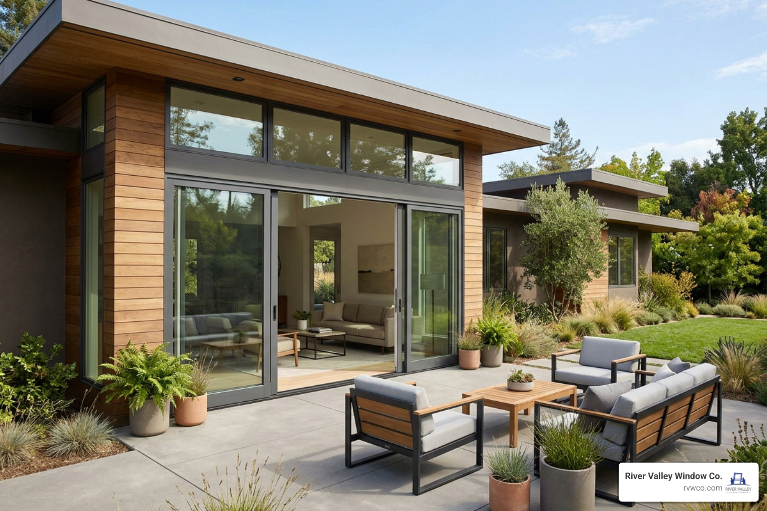 completed modern home exterior with open 4 panel sliding glass door completed modern home exterior with open 4 panel sliding glass door