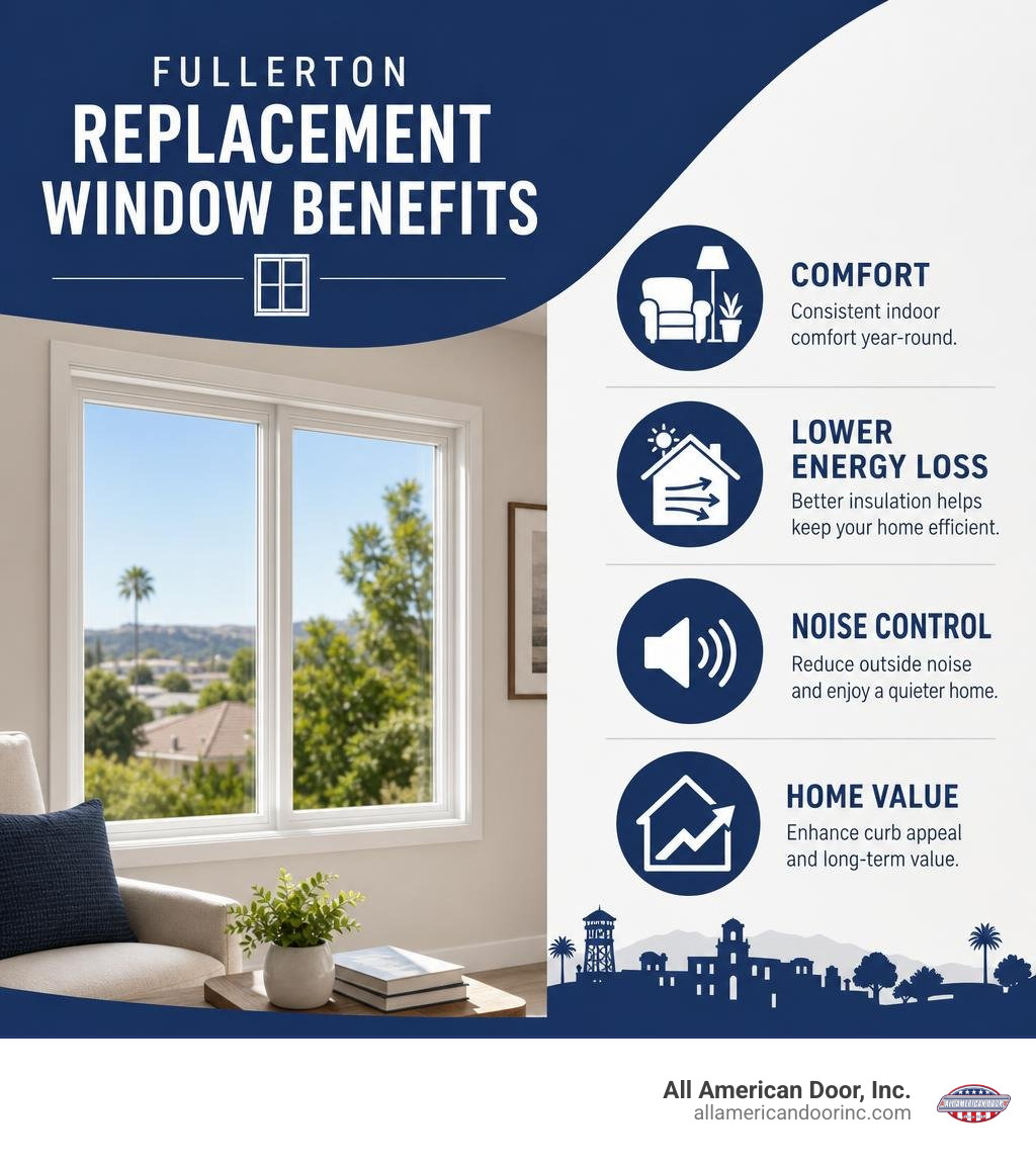 Fullerton replacement window benefits: comfort, lower energy loss, noise control, and home value infographic Fullerton replacement window benefits: comfort, lower energy loss, noise control, and home value infographic