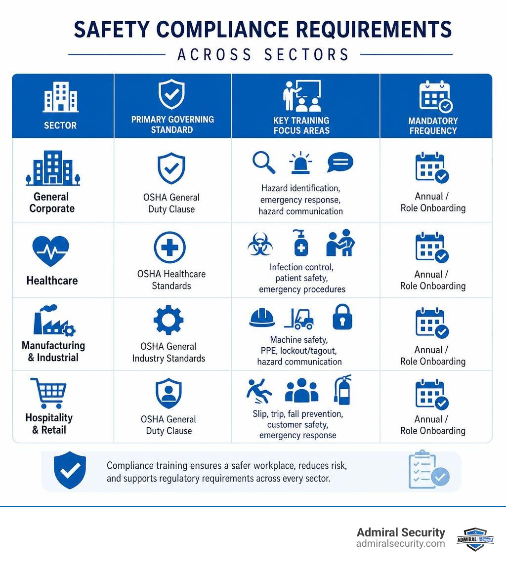 Table comparing safety compliance requirements across sectors infographic Table comparing safety compliance requirements across sectors infographic