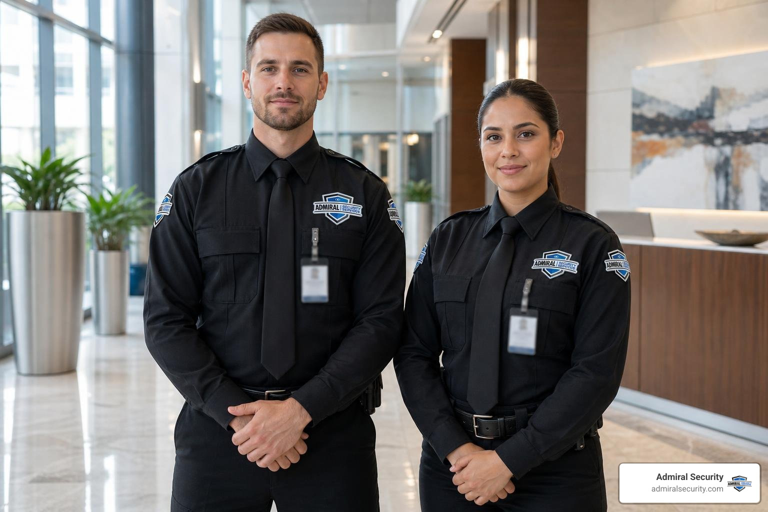 Certified security personnel maintaining a secure commercial facility environment badges blurred Certified security personnel maintaining a secure commercial facility environment badges blurred