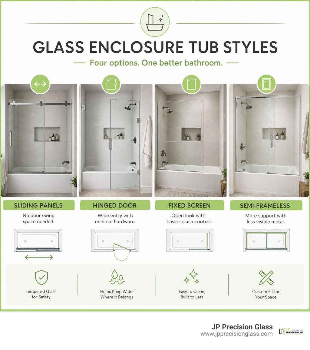 Glass enclosure tub styles: sliding panels, hinged door, fixed screen, semi-frameless infographic Glass enclosure tub styles: sliding panels, hinged door, fixed screen, semi-frameless infographic